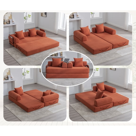 MOONMISS Corduroy Upholstered Modern Comfort Foldable Compressible Sofa Bed with Sturdy Metal Frame-Orange