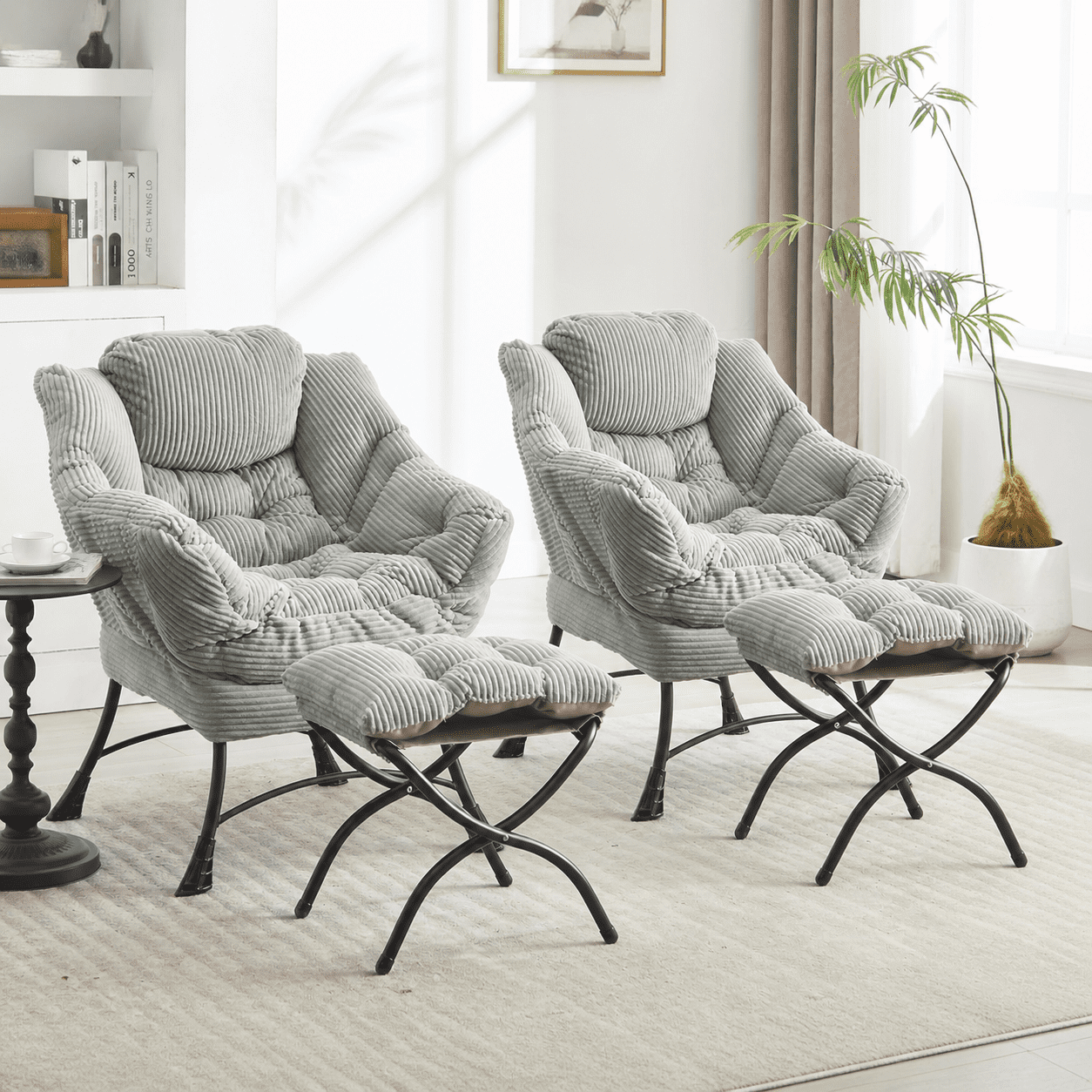 MOONMISS Corduroy Upholstered Oversized Lazy Chair Set of 2 with Folding Ottoman and a Side Pocket,Light Green