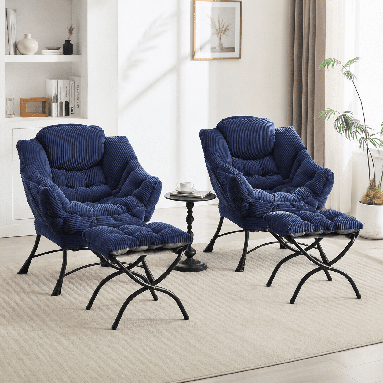 MOONMISS Corduroy Upholstered Oversized Lazy Chair Set of 2 with Folding Ottoman and a Side Pocket,Navy Blue