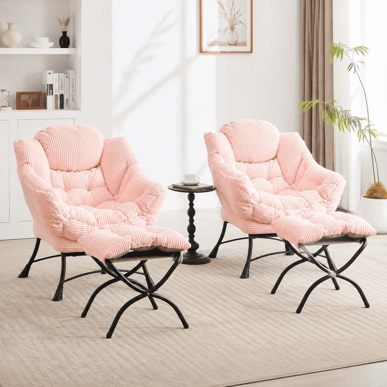 MOONMISS Corduroy Upholstered Oversized Lazy Chair Set of 2 with Folding Ottoman and a Side Pocket,Pink
