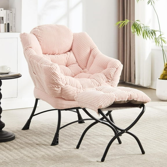 MOONMISS Corduroy Upholstered Oversized Lazy Chair with Folding Ottoman and a Side Pocket-Pink