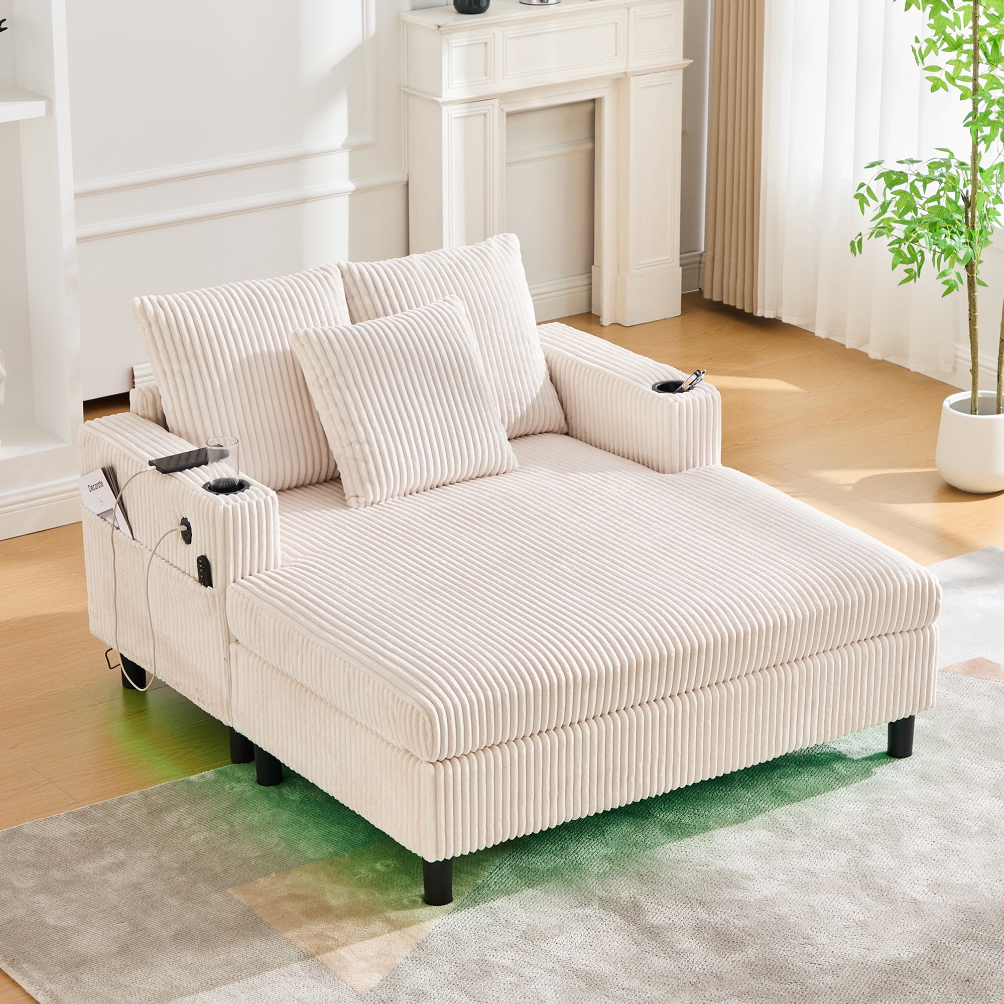 MOONMISS Corduroy Upholstered Oversized RGB LED Light Recliner Sofa Bed with Cup Holder,USB&3 Pillows-Beige