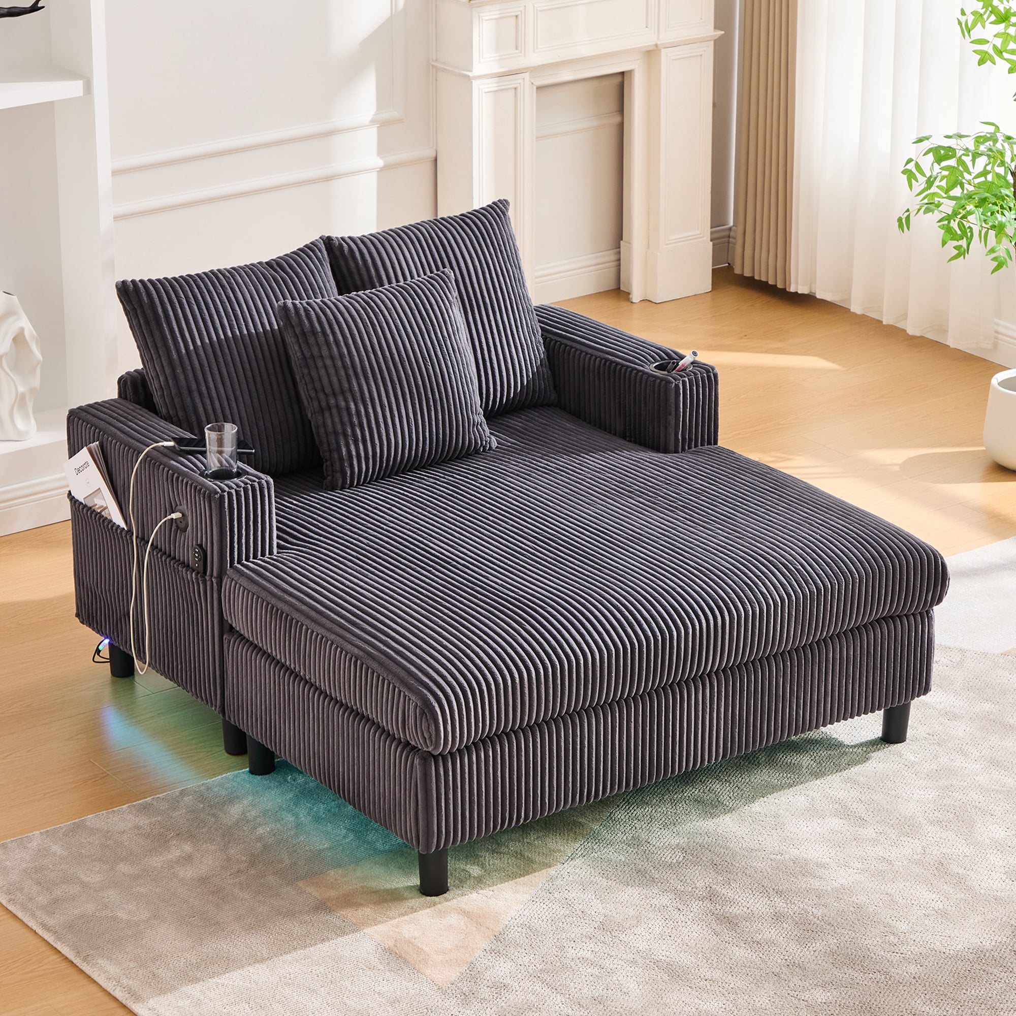 MOONMISS Corduroy Upholstered Oversized RGB LED Light Recliner Sofa Bed with Cup Holder,USB&3 Pillows-Dark Grey
