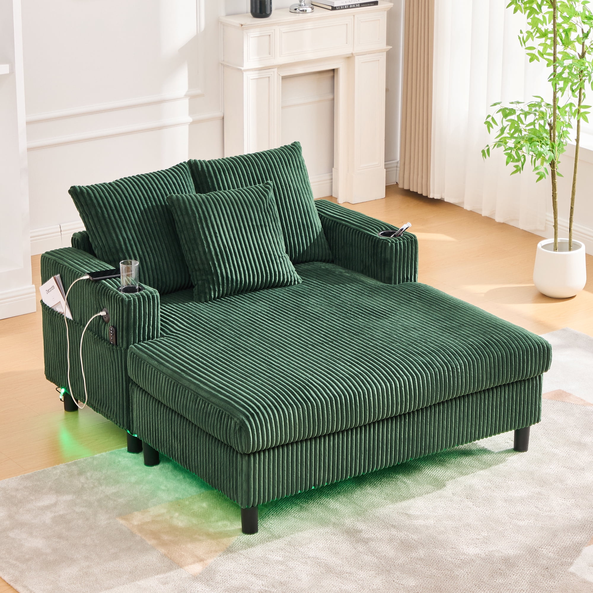 MOONMISS Corduroy Upholstered Oversized RGB LED Light Recliner Sofa Bed with Cup Holder,USB&3 Pillows-Emerald