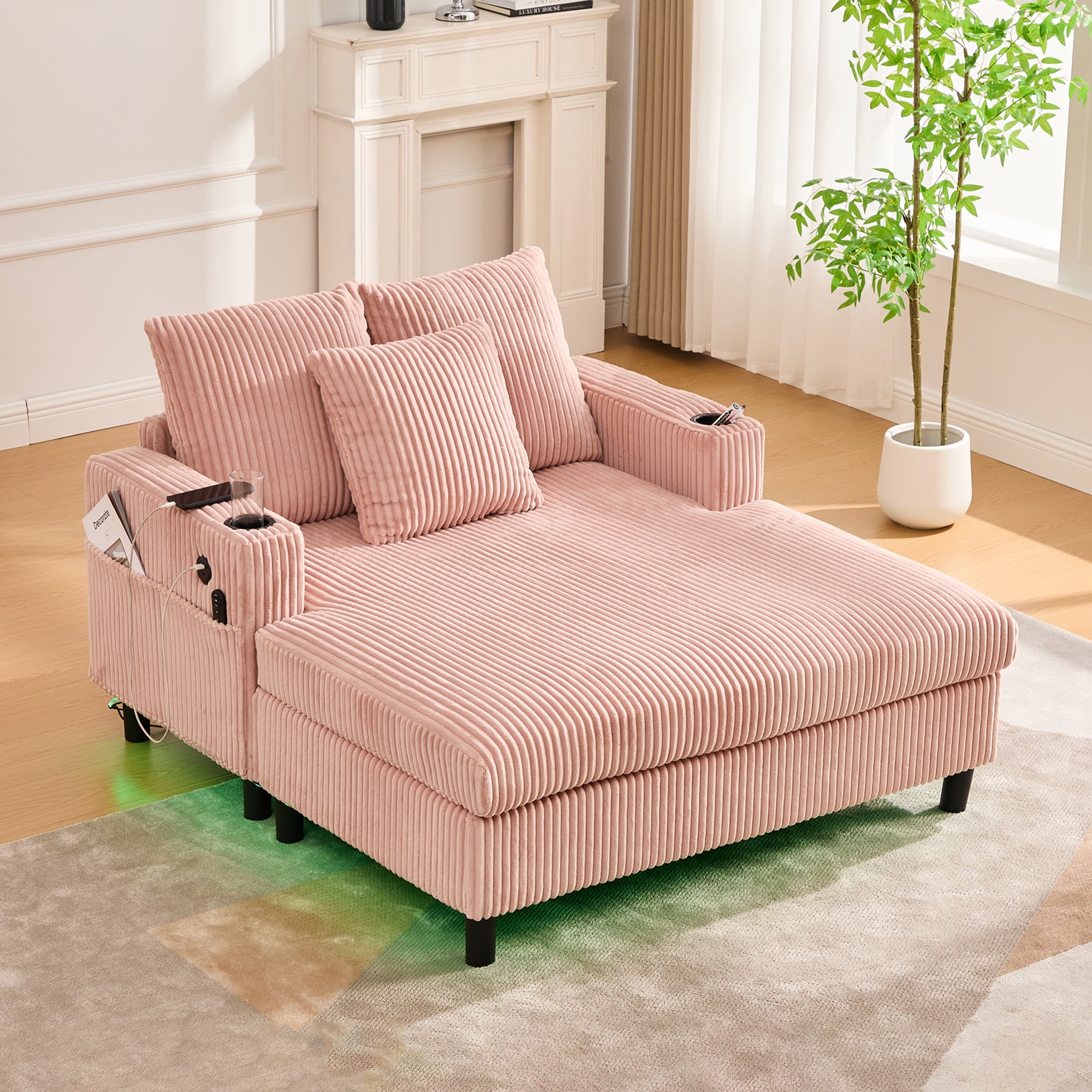MOONMISS Corduroy Upholstered Oversized RGB LED Light Recliner Sofa Bed with Cup Holder,USB&3 Pillows-Pink