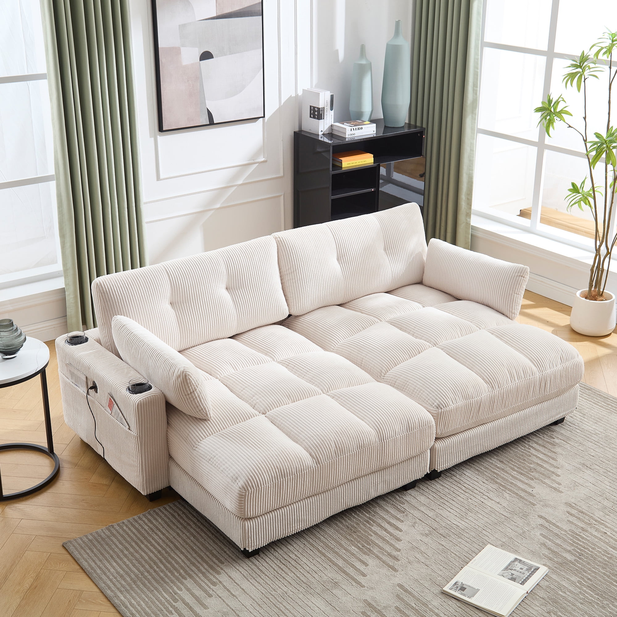 MOONMISS Corduroy Upholstered Soft Deep Seat Sleeper Loveseats Sofa with USB,Type-C&Cup Holders-Beige