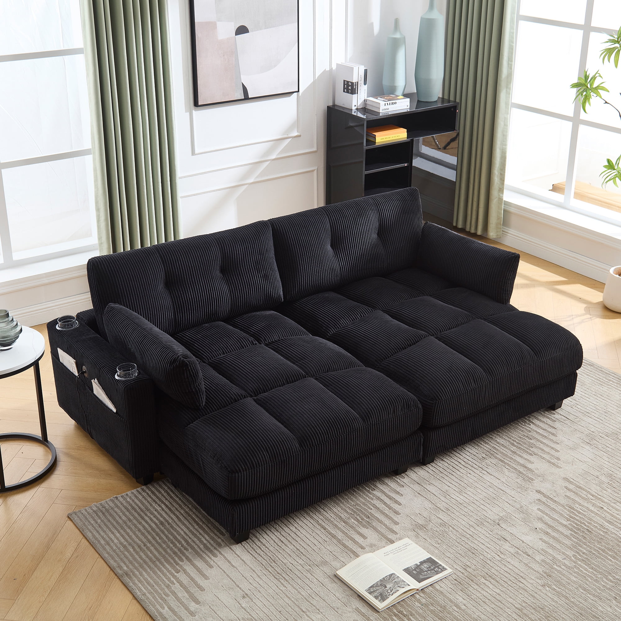 MOONMISS Corduroy Upholstered Soft Deep Seat Sleeper Loveseats Sofa with USB,Type-C&Cup Holders-Black