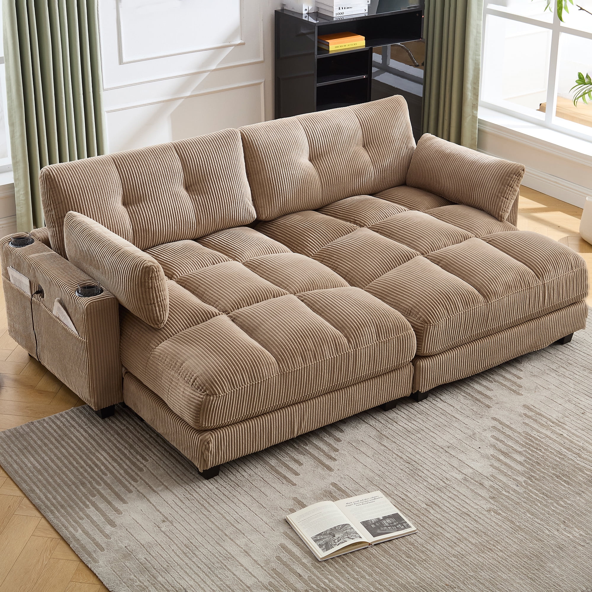 MOONMISS Corduroy Upholstered Soft Deep Seat Sleeper Loveseats Sofa with USB,Type-C&Cup Holders-Khaki