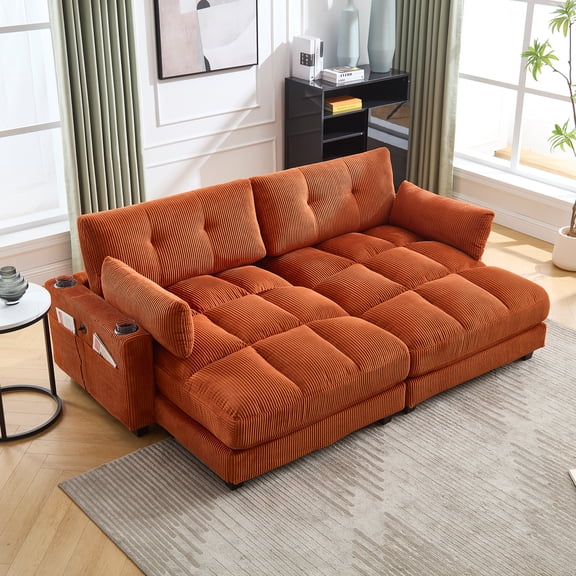 MOONMISS Corduroy Upholstered Soft Deep Seat Sleeper Loveseats Sofa with USB,Type-C&Cup Holders-Orange