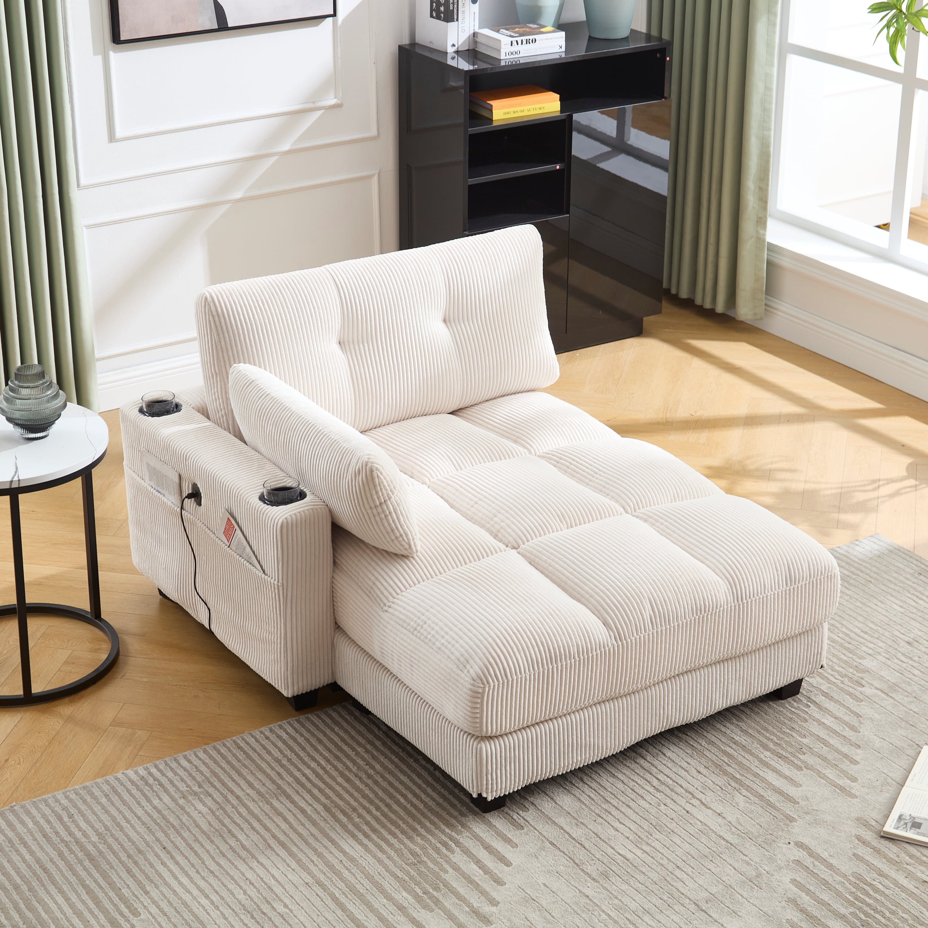 MOONMISS Corduroy Upholstered Soft Deep Seat Sleeper Sofa with USB,TYPE-C&2 Cup Holders-Beige