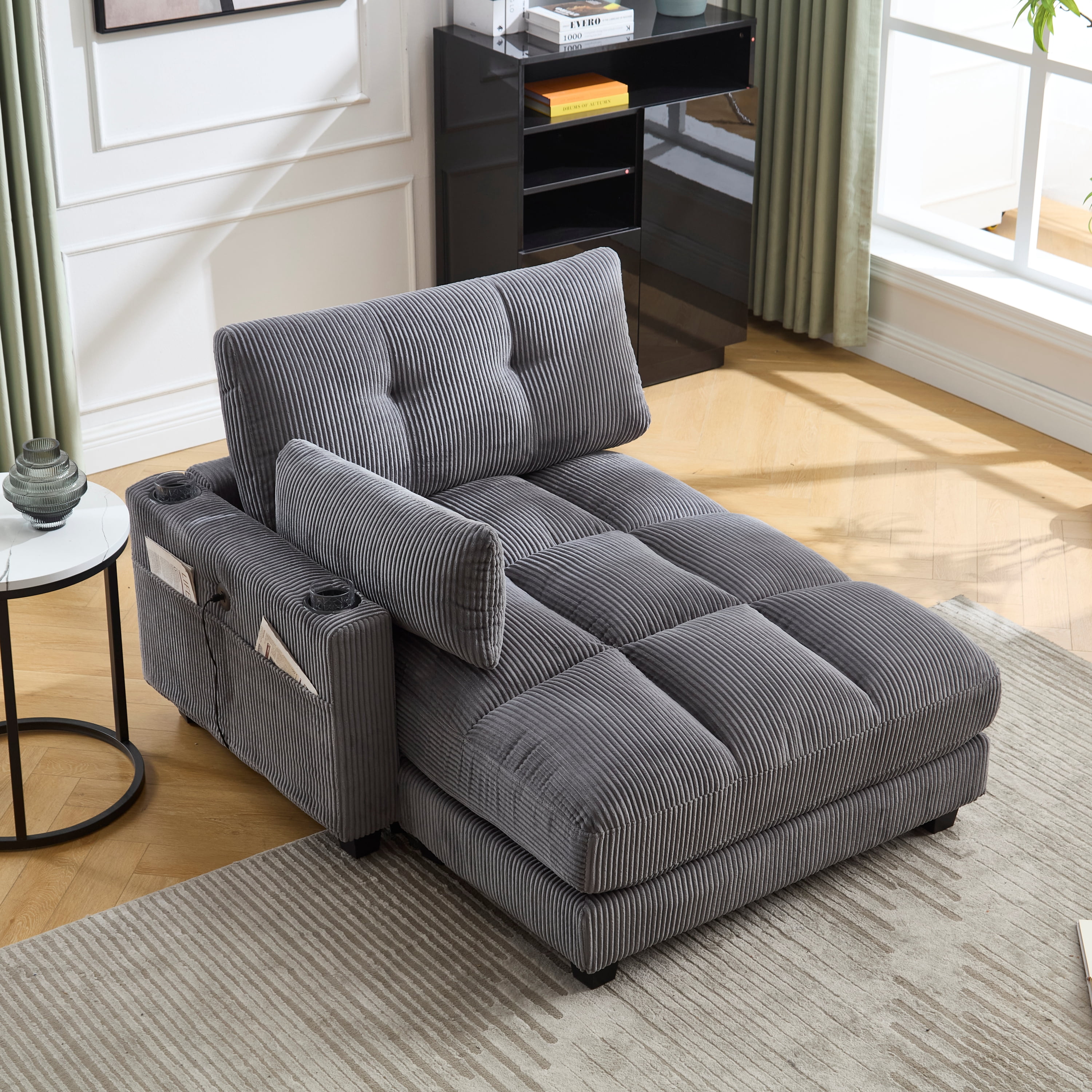 MOONMISS Corduroy Upholstered Soft Deep Seat Sleeper Sofa with USB,TYPE-C&2 Cup Holders-Gray
