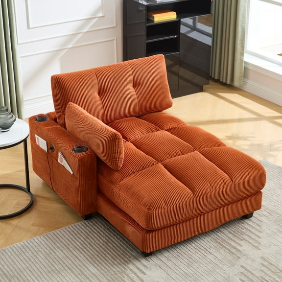MOONMISS Corduroy Upholstered Soft Deep Seat Sleeper Sofa with USB,TYPE-C&2 Cup Holders-Orange