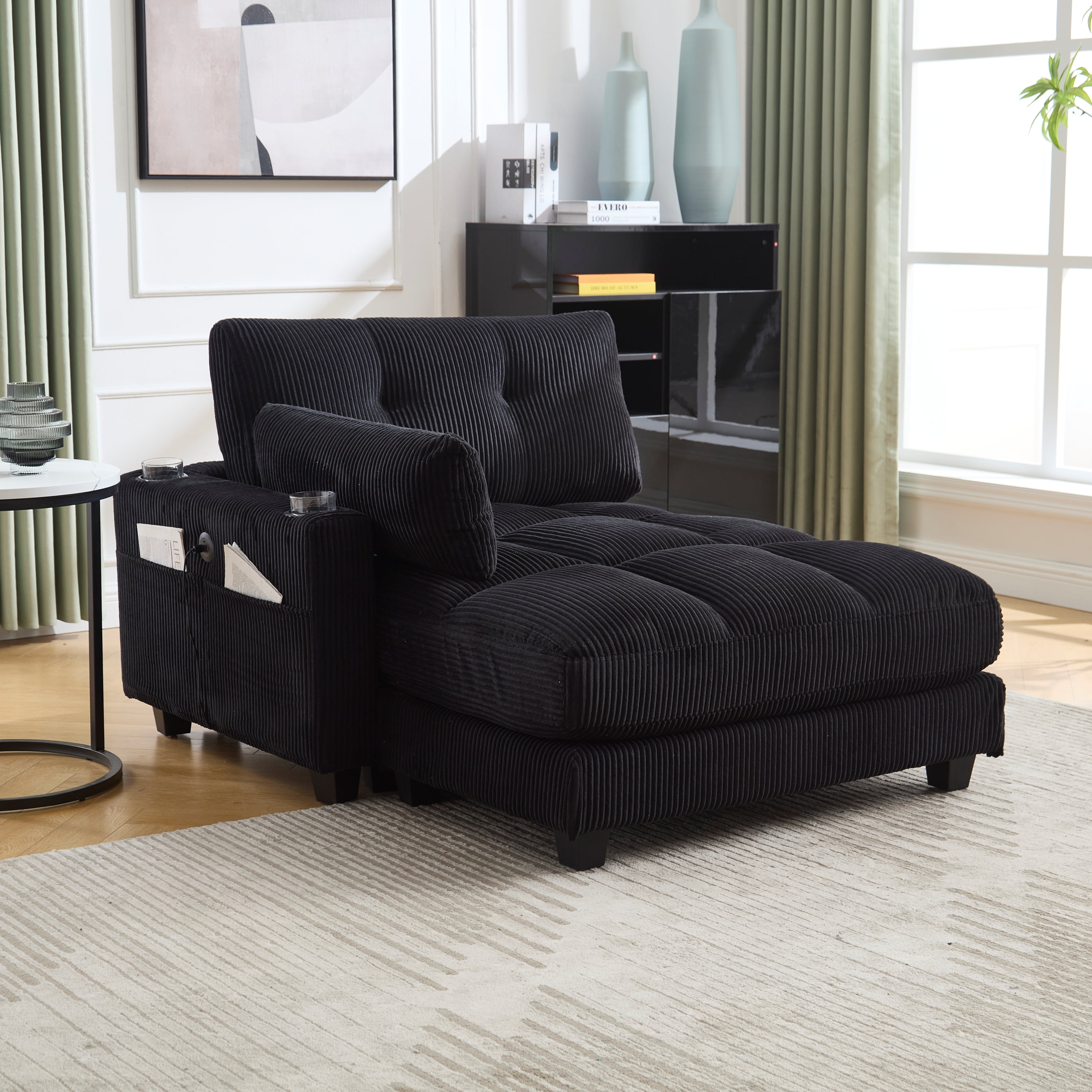 MOONMISS Corduroy Upholstered Soft Deep Seat Sofa with USB,Type-C&2 Cup Holders-Black
