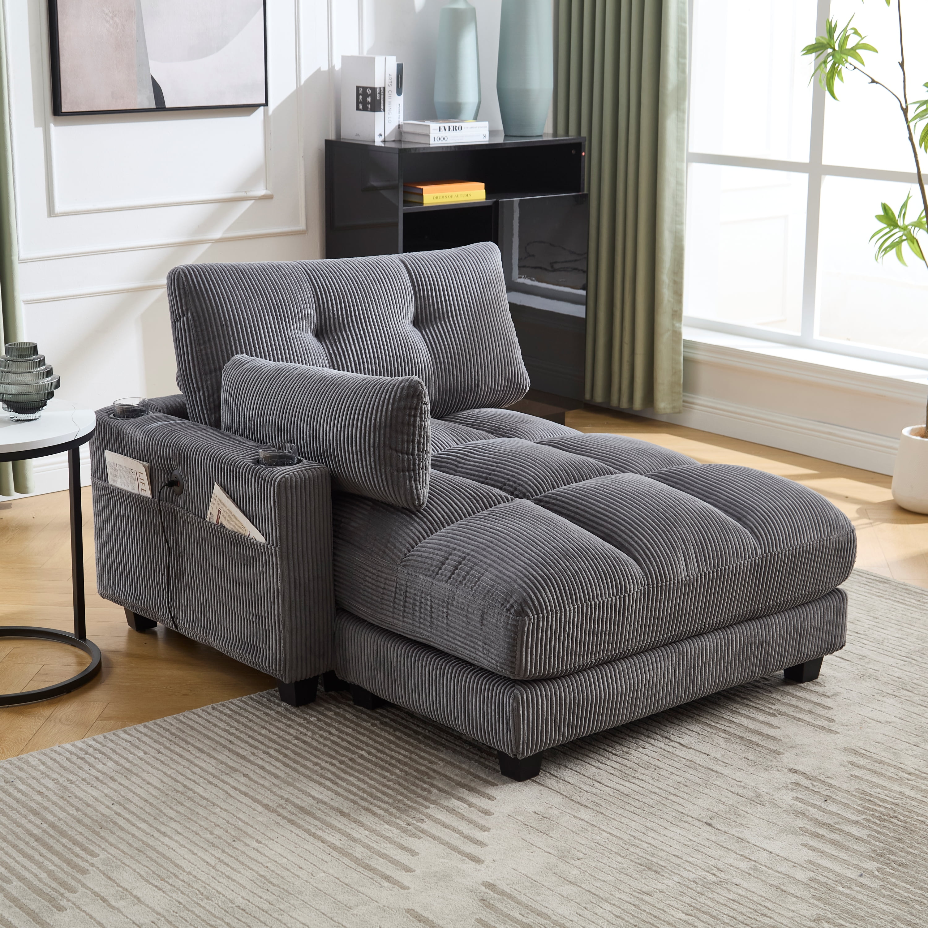 MOONMISS Corduroy Upholstered Soft Deep Seat Sofa with USB,Type-C&2 Cup Holders-Gray