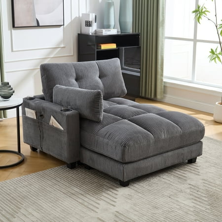 MOONMISS Corduroy Upholstered Soft Deep Seat Sofa with USB,Type-C&2 Cup Holders-Gray