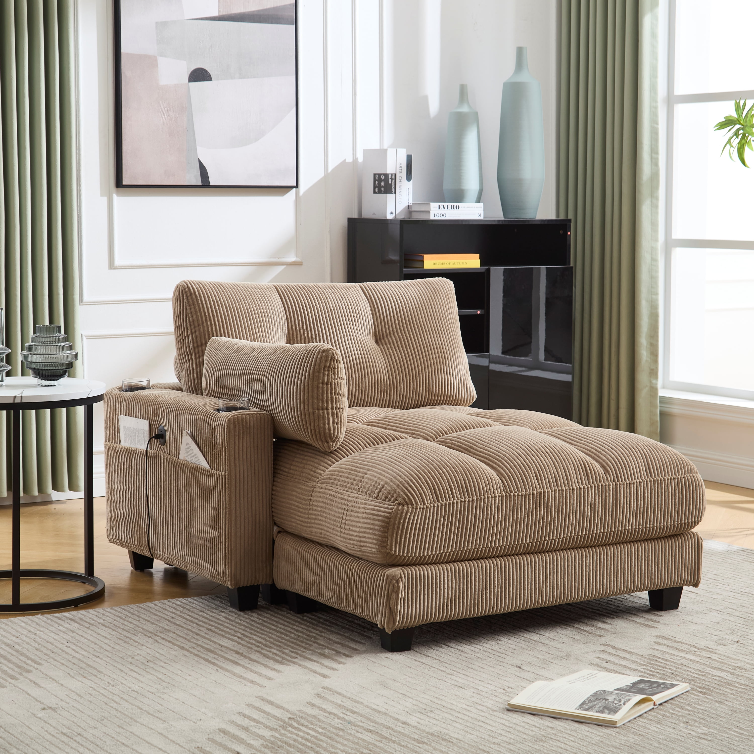 MOONMISS Corduroy Upholstered Soft Deep Seat Sofa with USB,Type-C&2 Cup Holders-Khaki