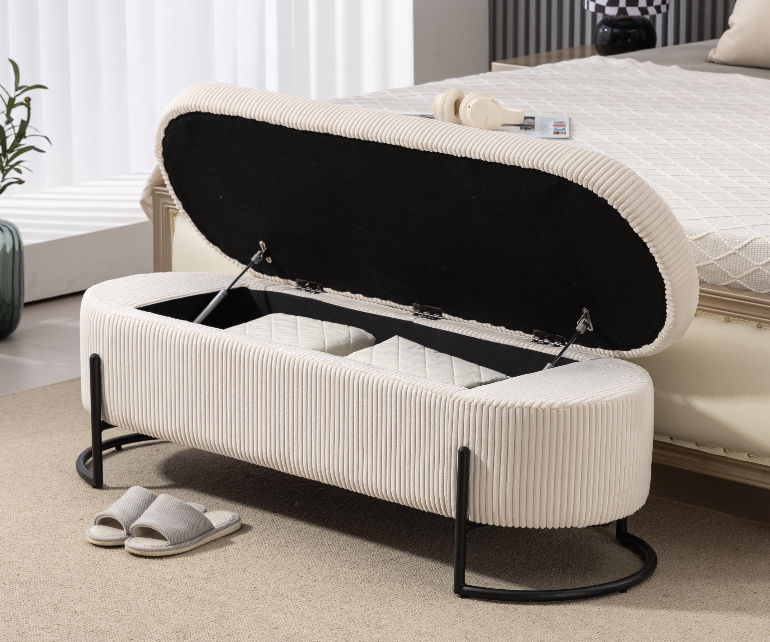 MOONMISS Corduroy Upholstered Storage Ottoman Bench with Safety Hinge and Metal Legs Beige Walmart
