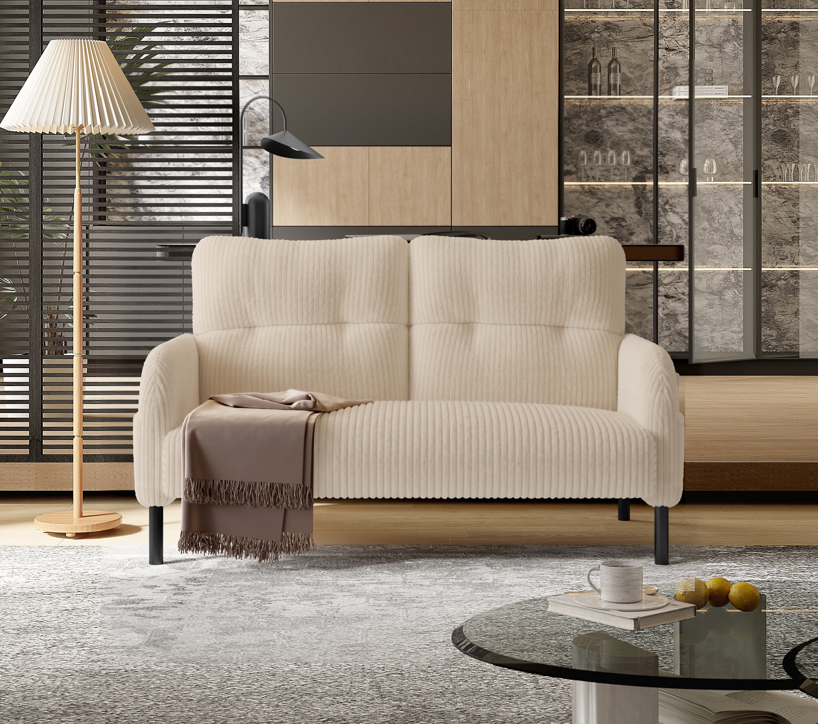 MOONMISS Corduroy Upholstered Tufted Comfortable Wood Frame Loveseats Sofa with Double Side Pocket-Beige