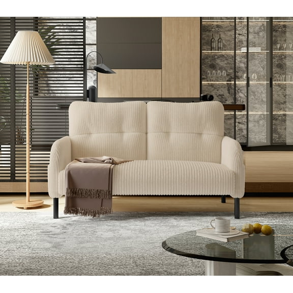 MOONMISS Corduroy Upholstered Tufted Comfortable Wood Frame Loveseats Sofa with Double Side Pocket-Beige
