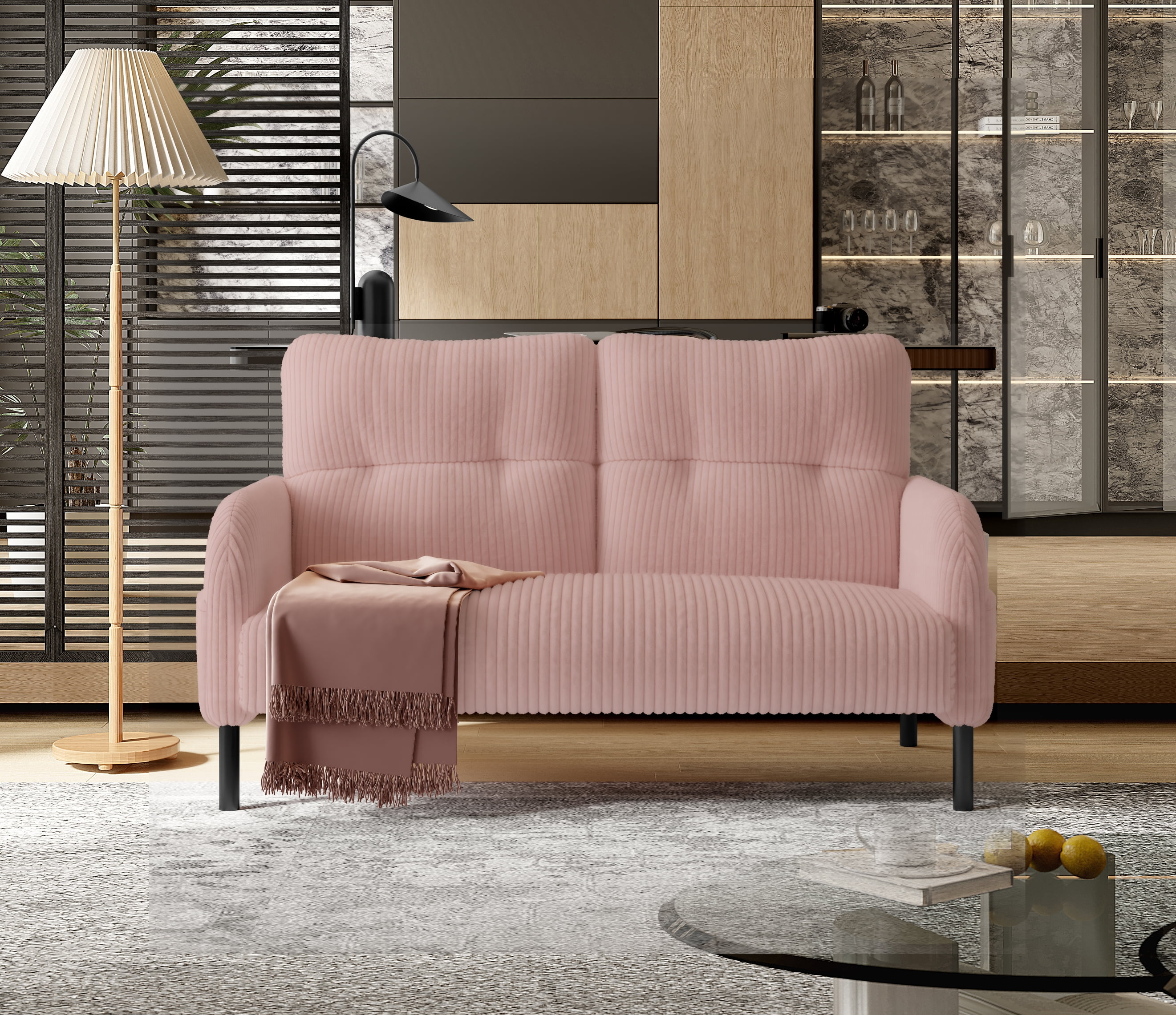 MOONMISS Corduroy Upholstered Tufted Comfortable Wood Frame Loveseats Sofa with Double Side Pocket-Pink