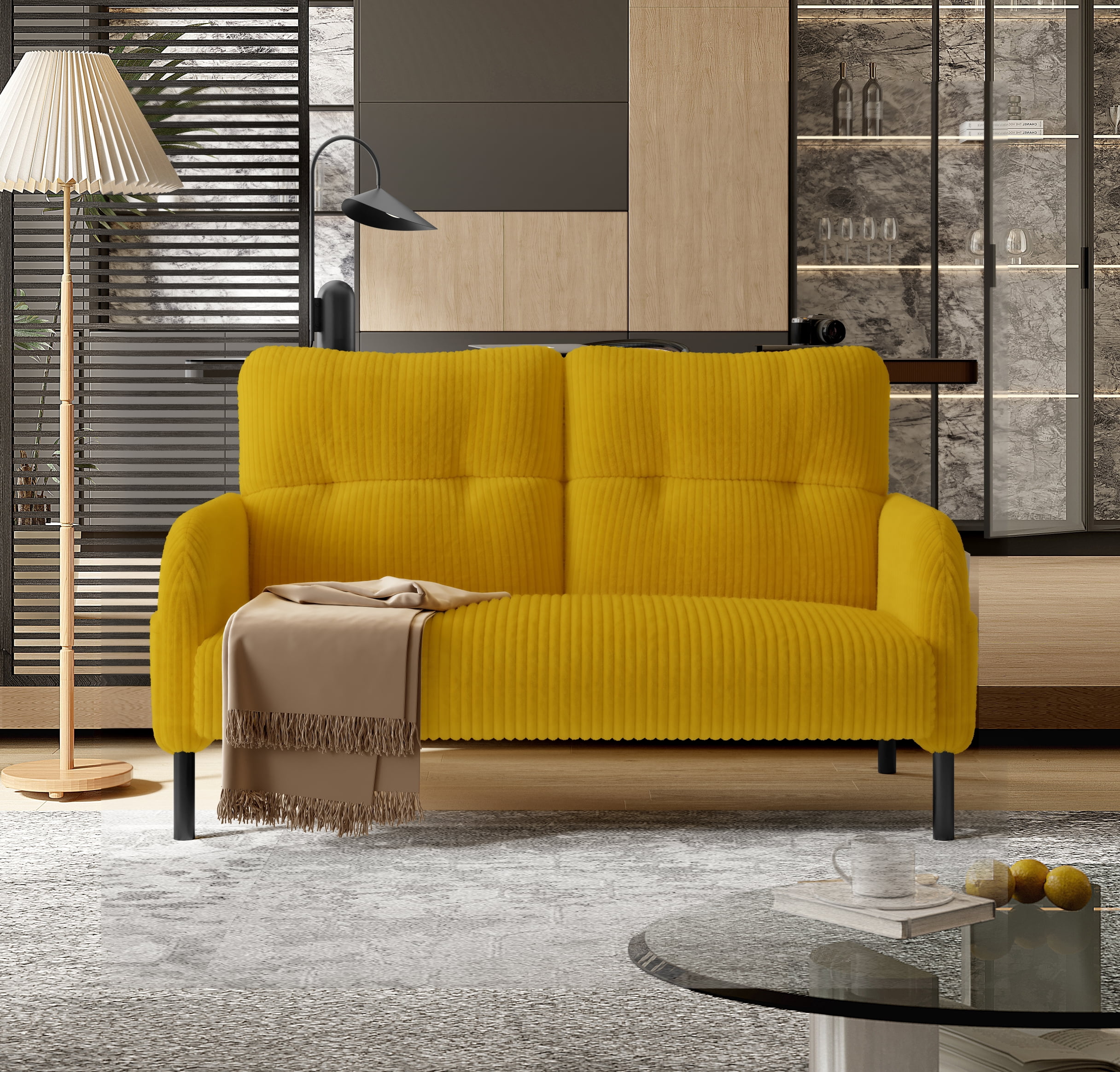 MOONMISS Corduroy Upholstered Tufted Comfortable Wood Frame Loveseats Sofa with Double Side Pocket-Yellow