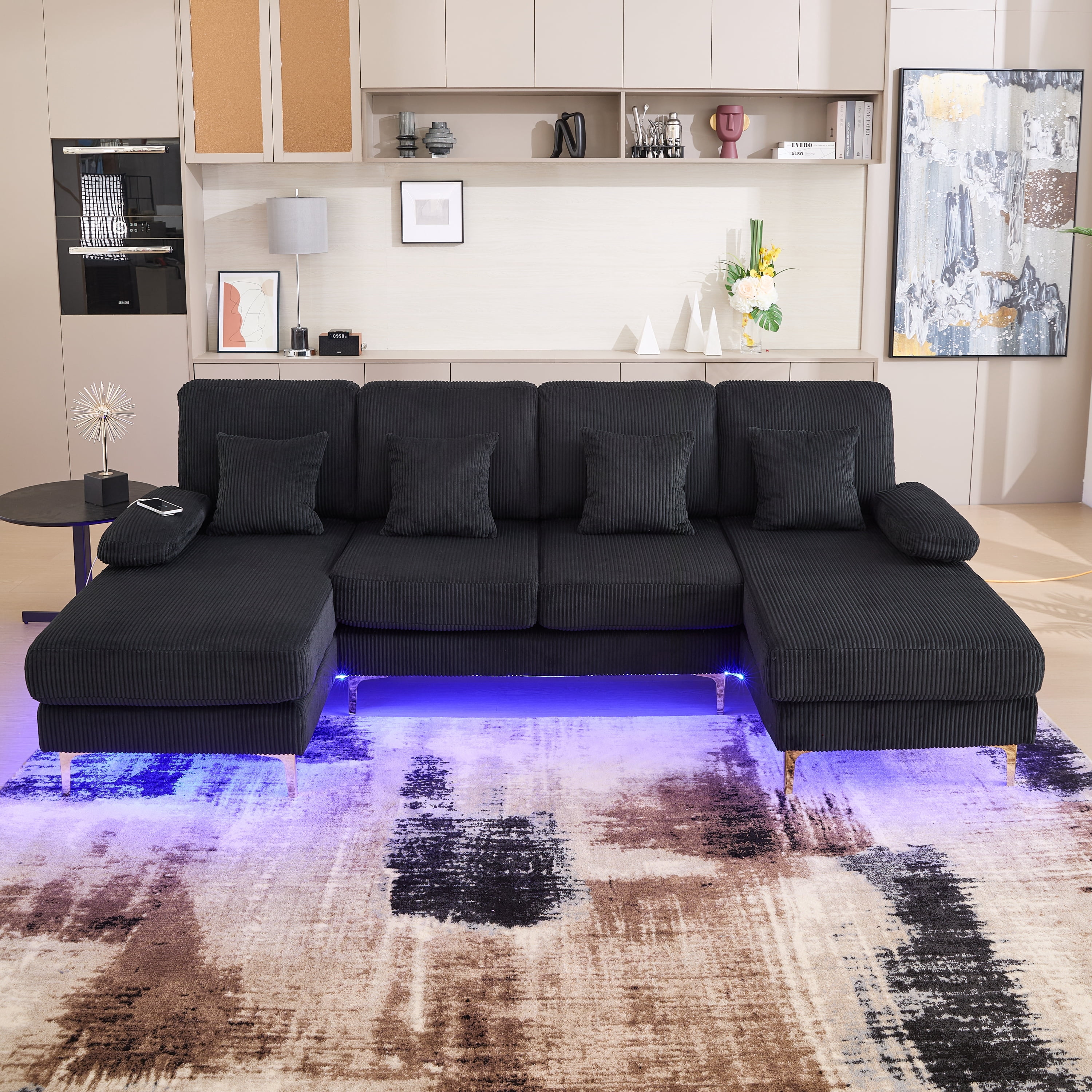 MOONMISS Corduroy Upholstered U-shaped Adjustable Light Modular Sectional Sofa With Type-C and USB ports-Black