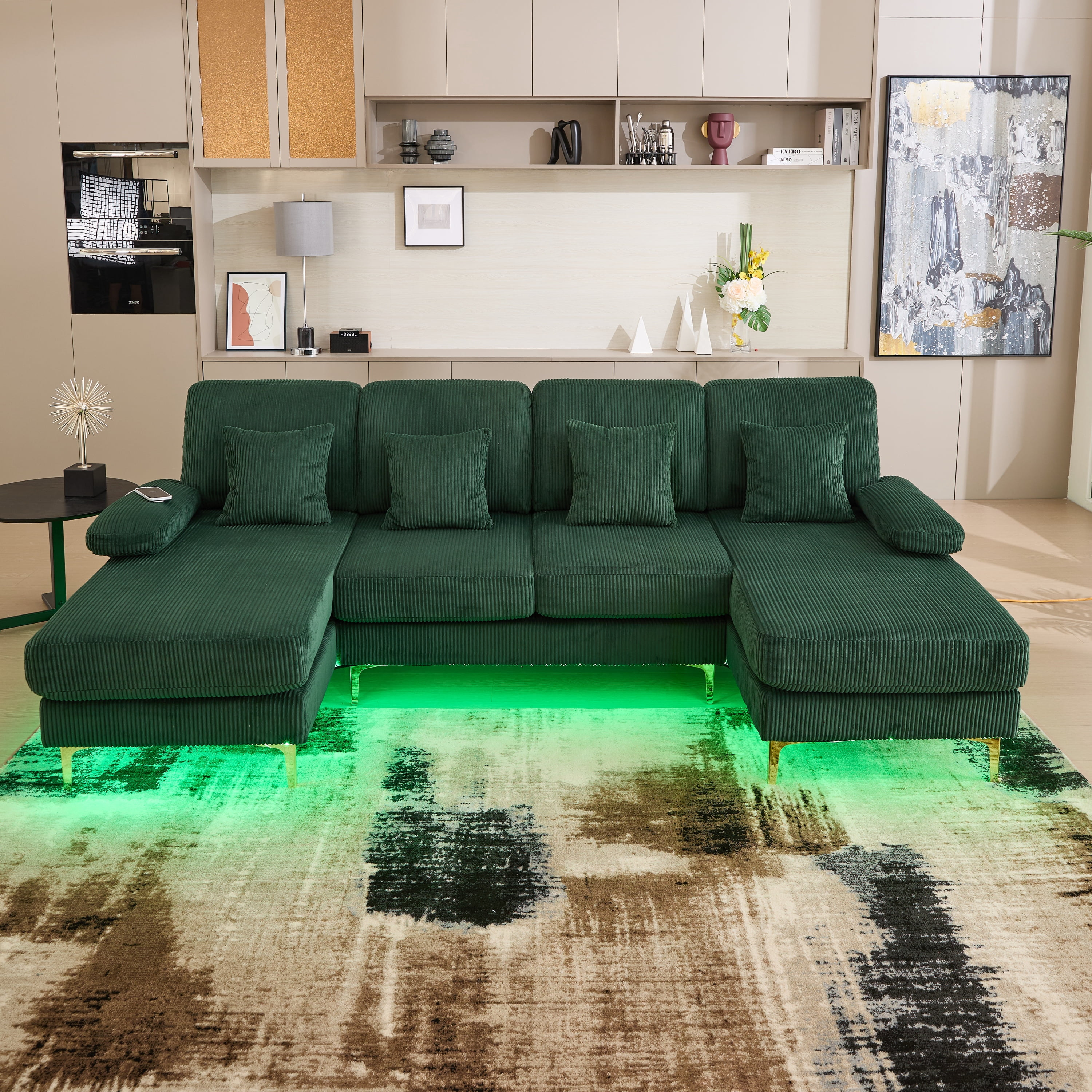 MOONMISS Corduroy Upholstered U-shaped Adjustable Light Modular Sectional Sofa With Type-C and USB ports-Emerald