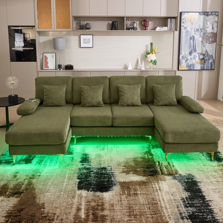 MOONMISS Corduroy Upholstered U-shaped Adjustable Light Modular Sectional Sofa With Type-C and USB ports-Olive Green