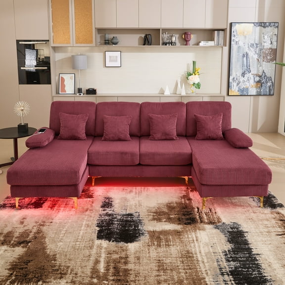 MOONMISS Corduroy Upholstered U-shaped Adjustable Light Modular Sectional Sofa With Type-C and USB ports-Wine Red