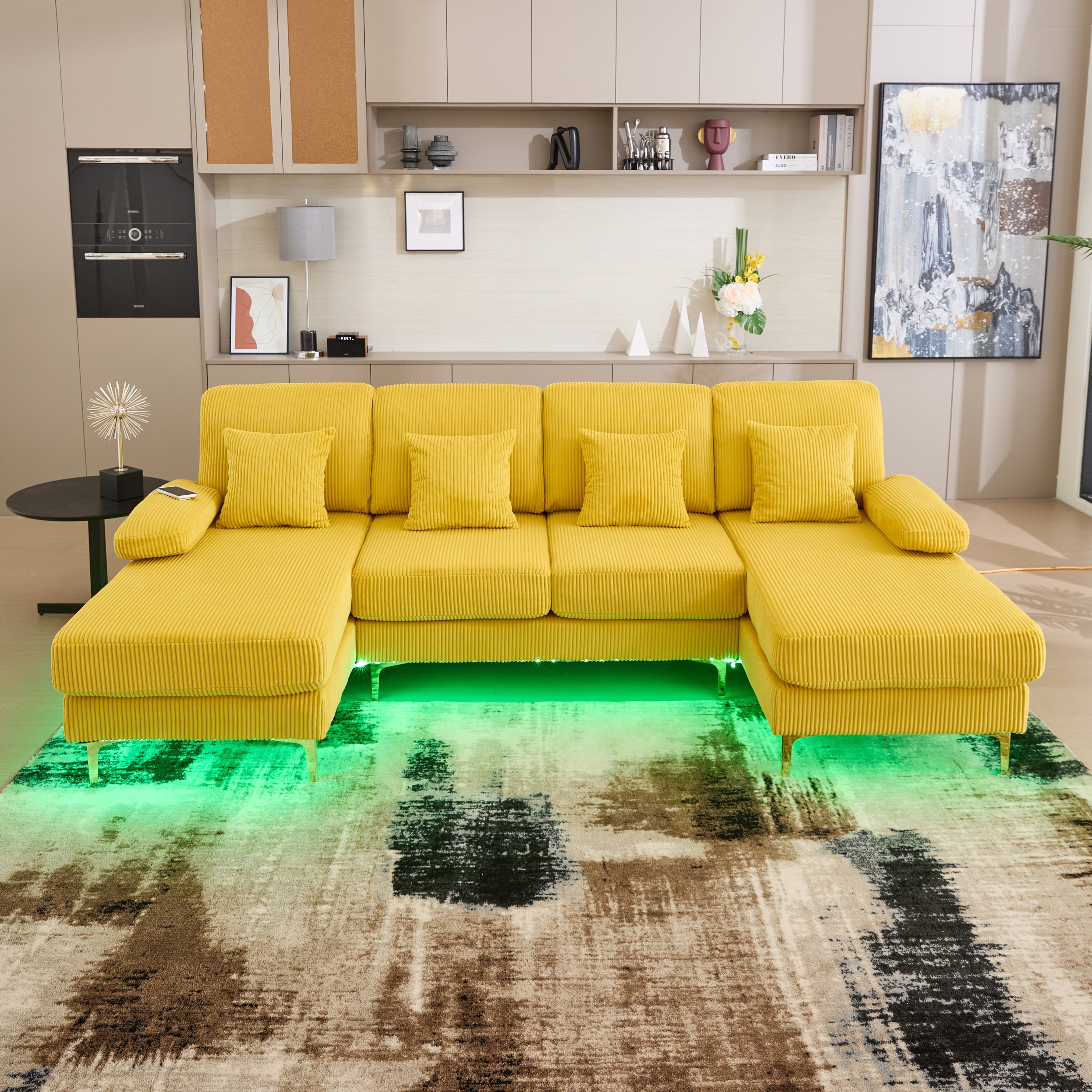 MOONMISS Corduroy Upholstered U-shaped Adjustable Light Modular Sectional Sofa With Type-C and USB ports-Yellow
