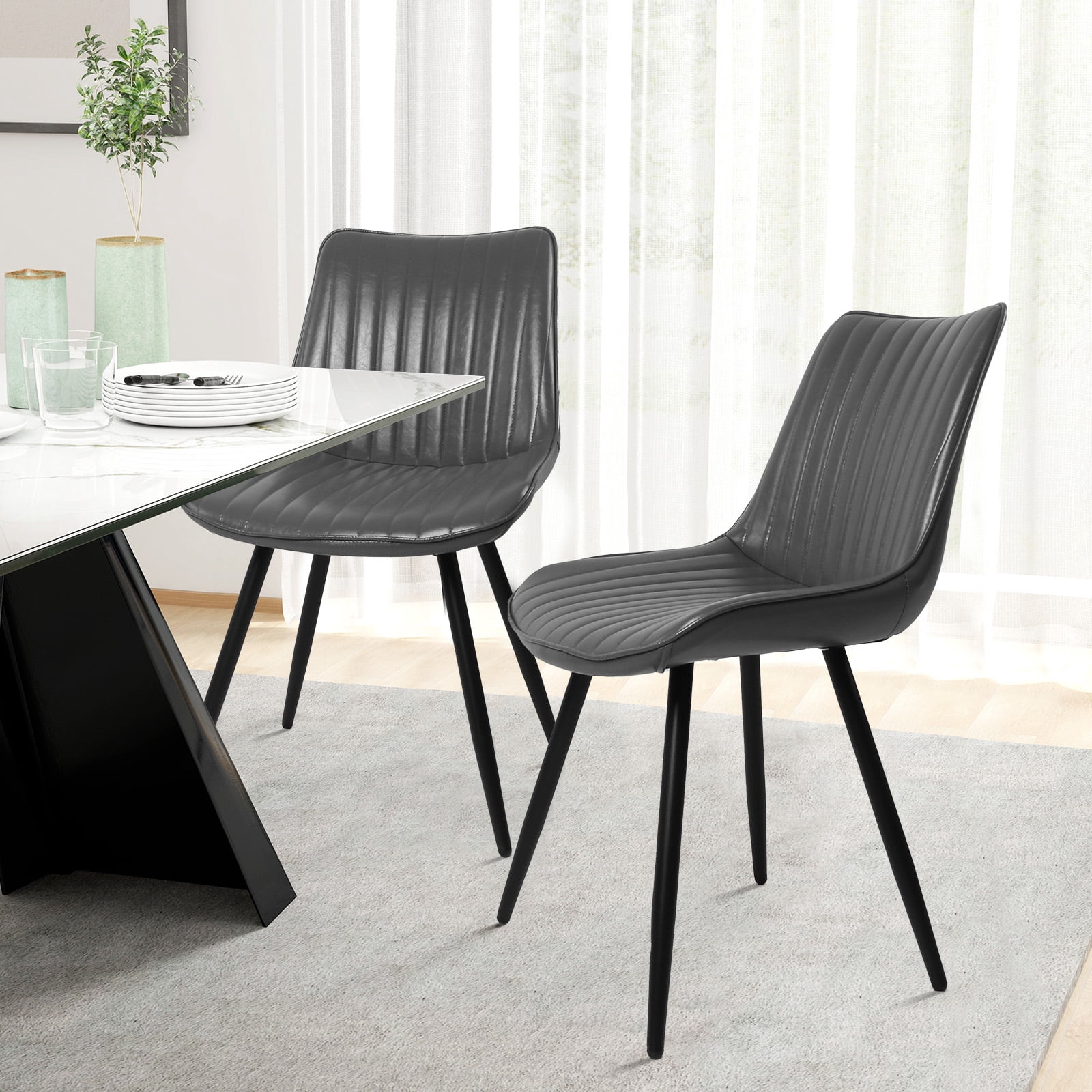 MOONMISS Dining Chair Set of 2,Rubberwood Frame Covered in Polyurethane Synthetic Leather,Black