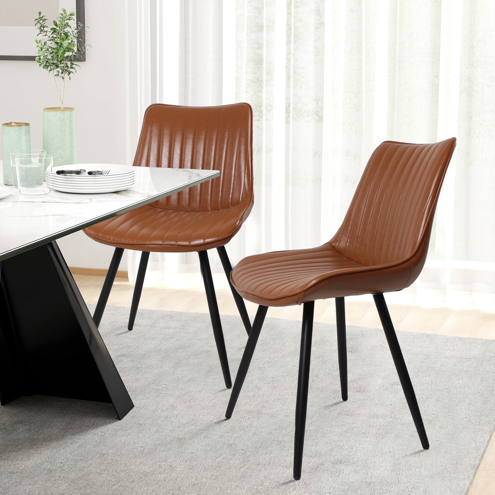 MOONMISS Dining Chair Set of 2,Rubberwood Frame Covered in Polyurethane Synthetic Leather,Black
