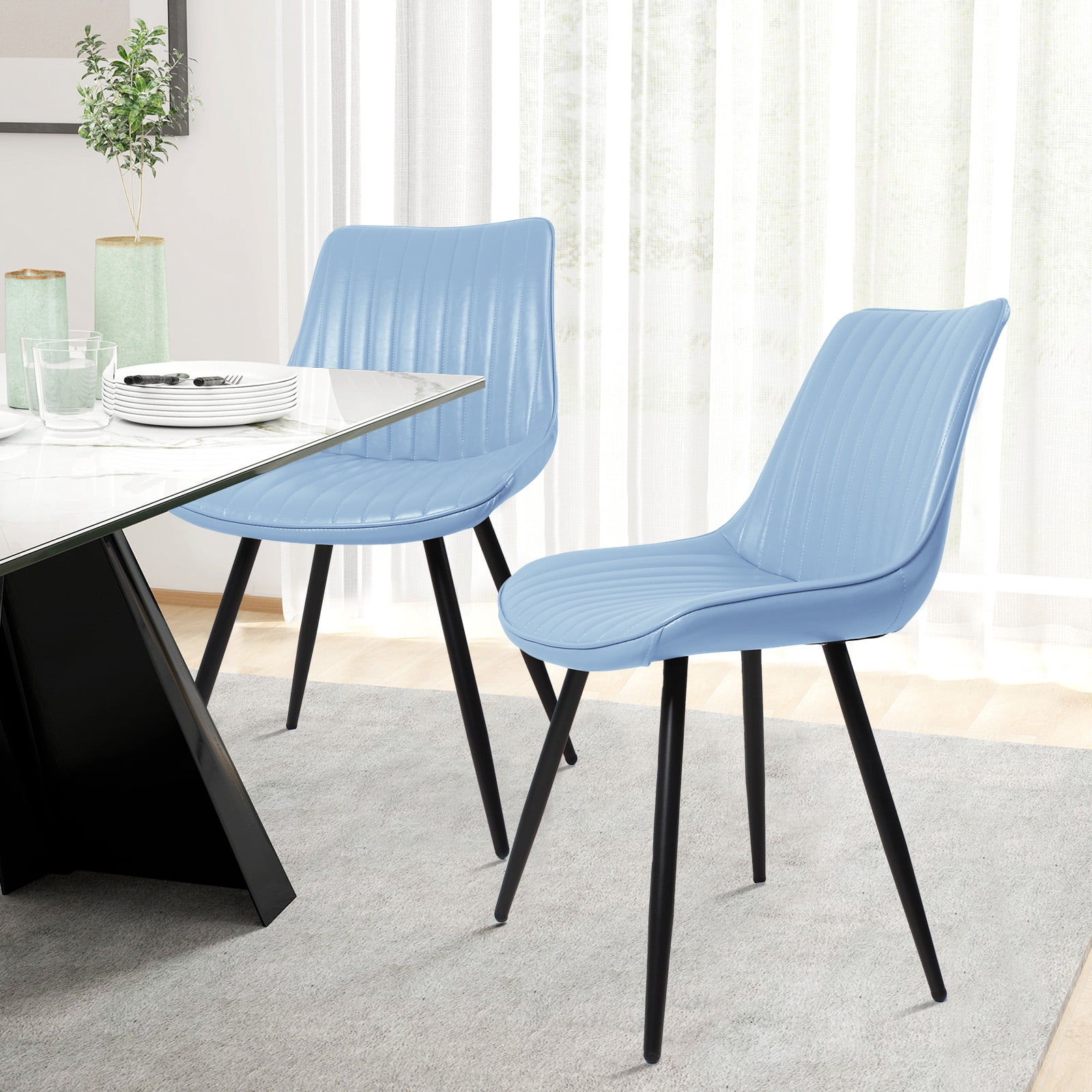 MOONMISS Dining Chair Set of 2,Rubberwood Frame Covered in Polyurethane Synthetic Leather,Black