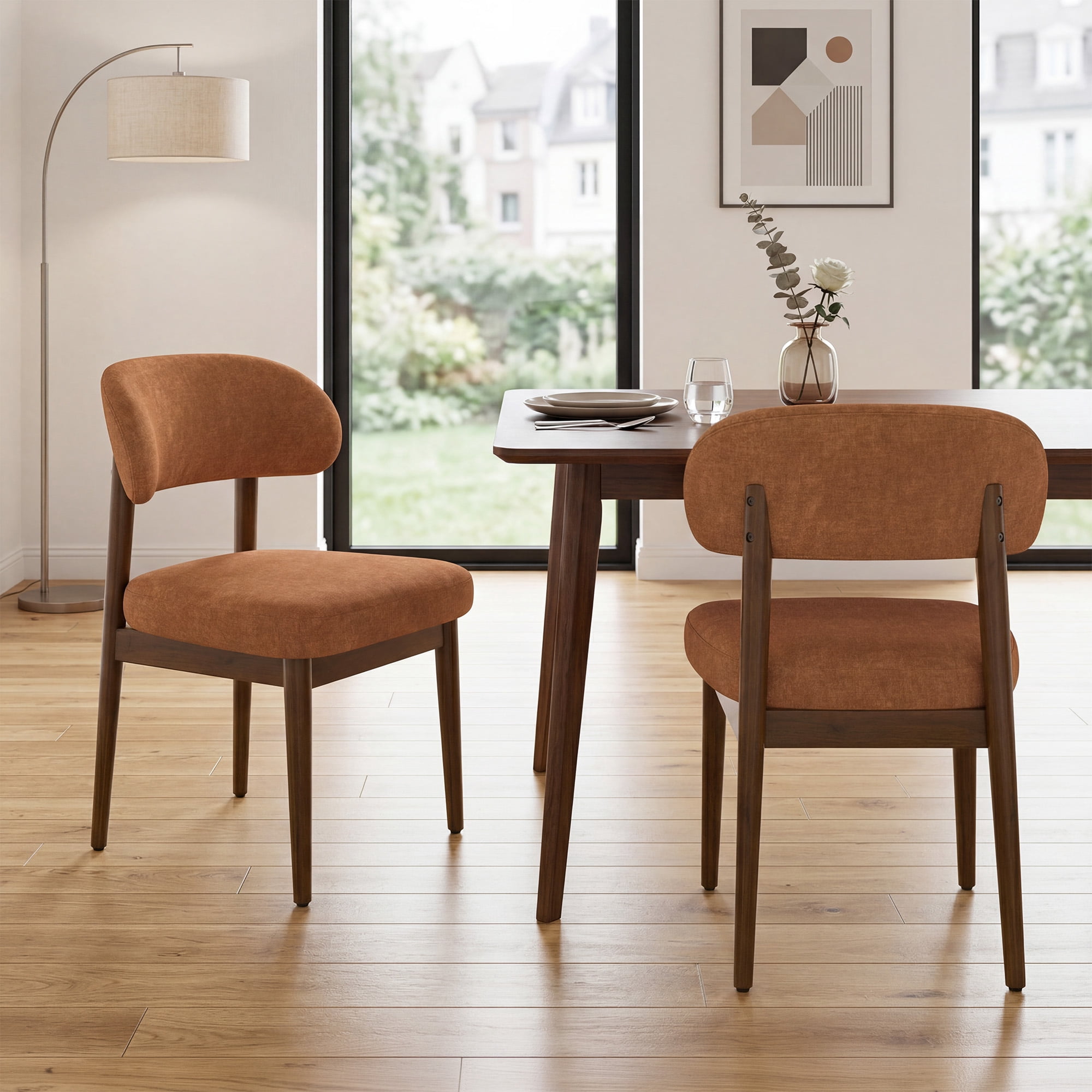MOONMISS Dining Chair Set of 2,Upholstered Wooden Dining Chairs with Curved Back,Chenille Kitchen Side Chairs,Brown