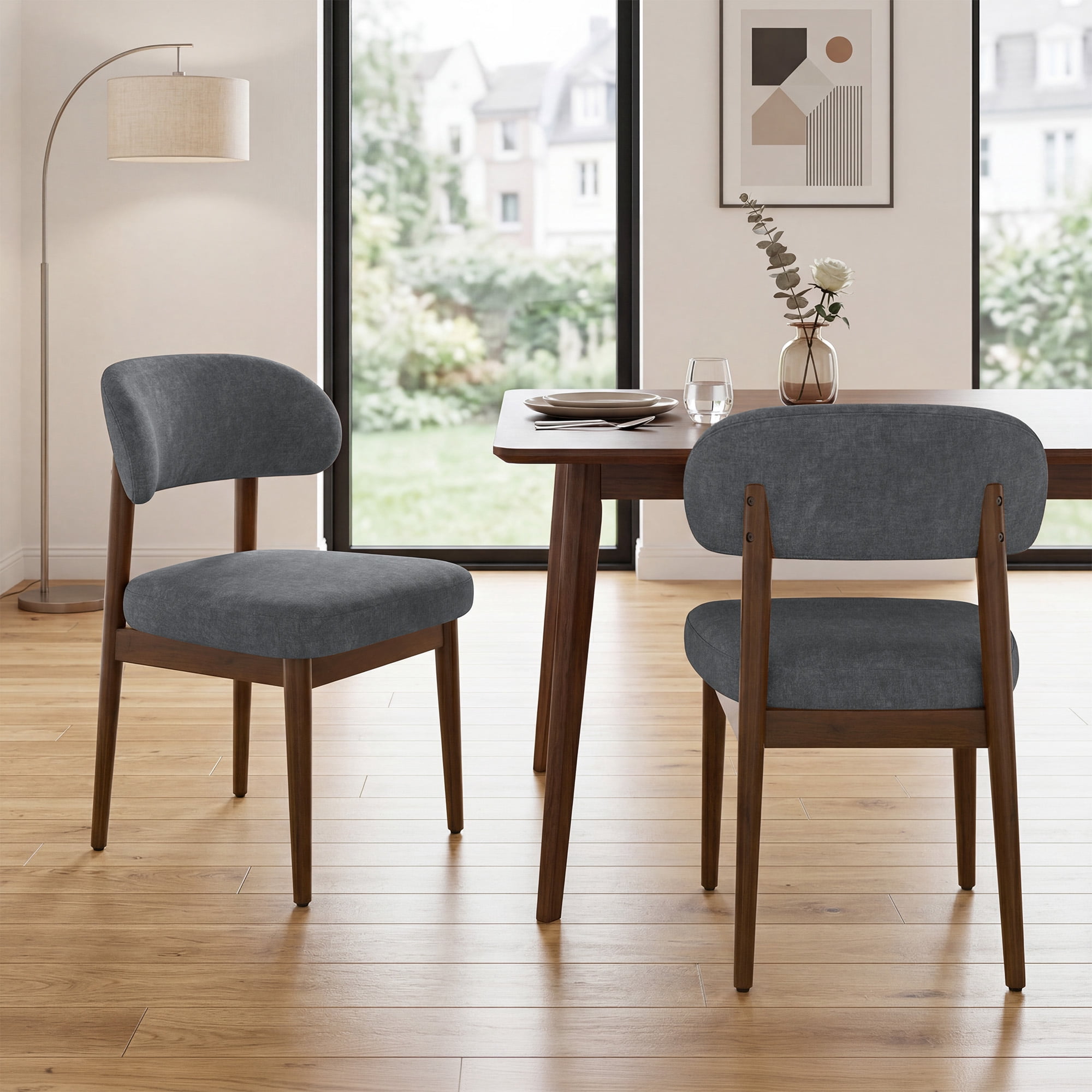 MOONMISS Dining Chair Set of 2,Upholstered Wooden Dining Chairs with Curved Back,Chenille Kitchen Side Chairs,Gray