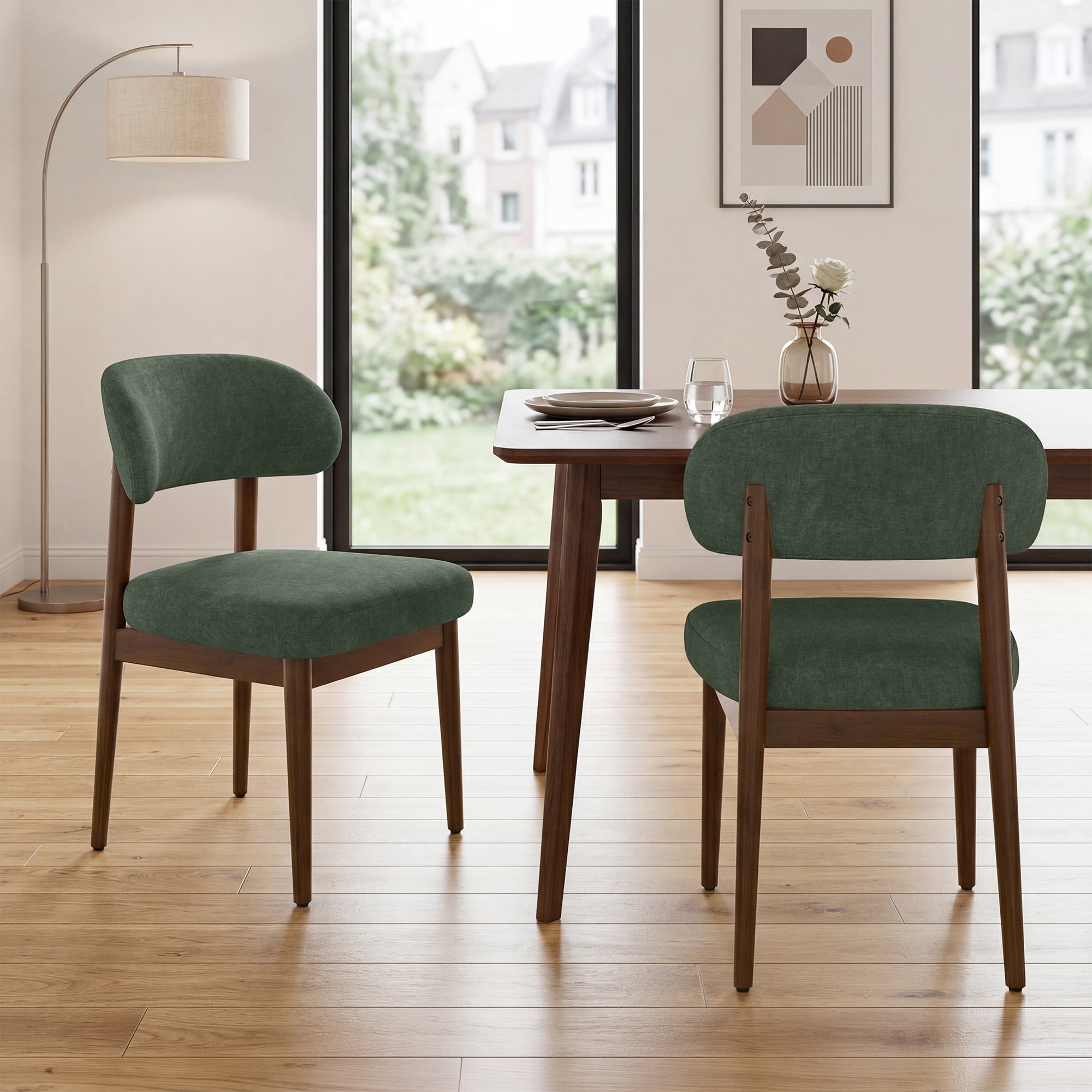 MOONMISS Dining Chair Set of 2,Upholstered Wooden Dining Chairs with Curved Back,Chenille Kitchen Side Chairs,Green