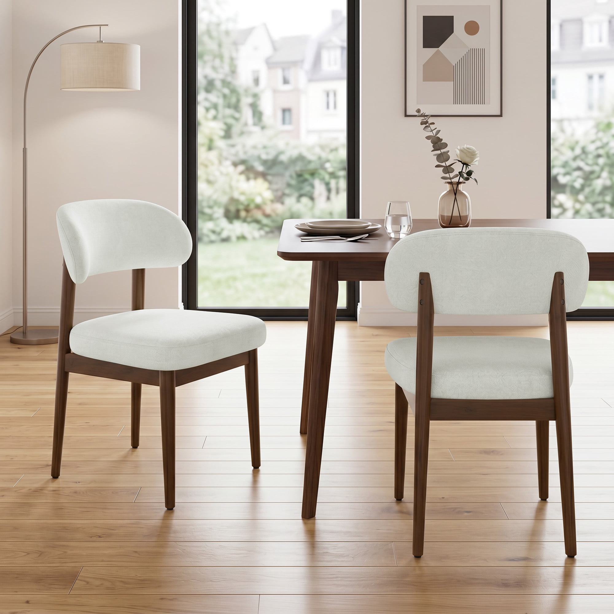 MOONMISS Dining Chair Set of 2,Upholstered Wooden Dining Chairs with Curved Back,Chenille Kitchen Side Chairs,White