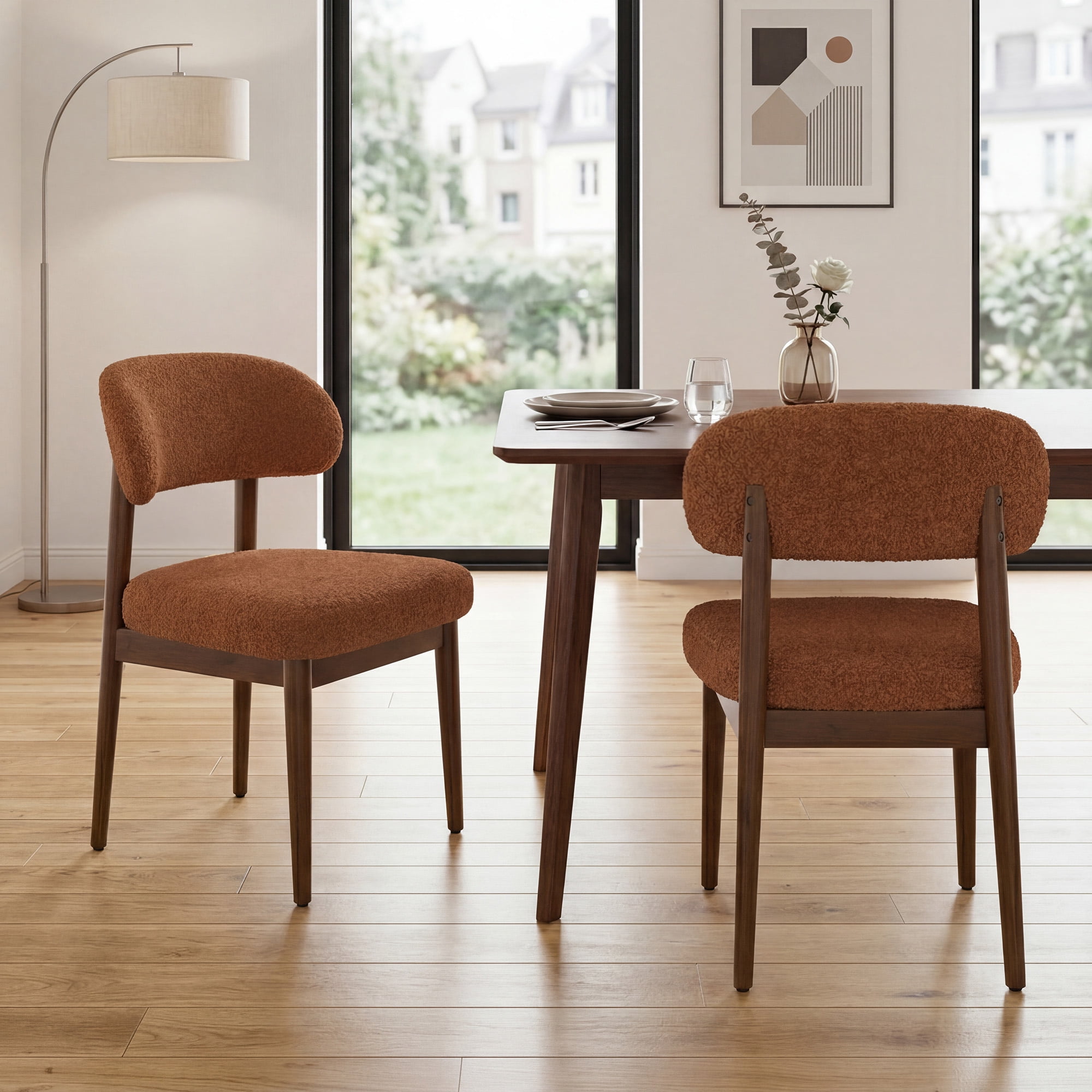 MOONMISS Dining Chair Set of 2,Upholstered Wooden Dining Chairs with Curved Back,Teddy Kitchen Side Chairs,Brown