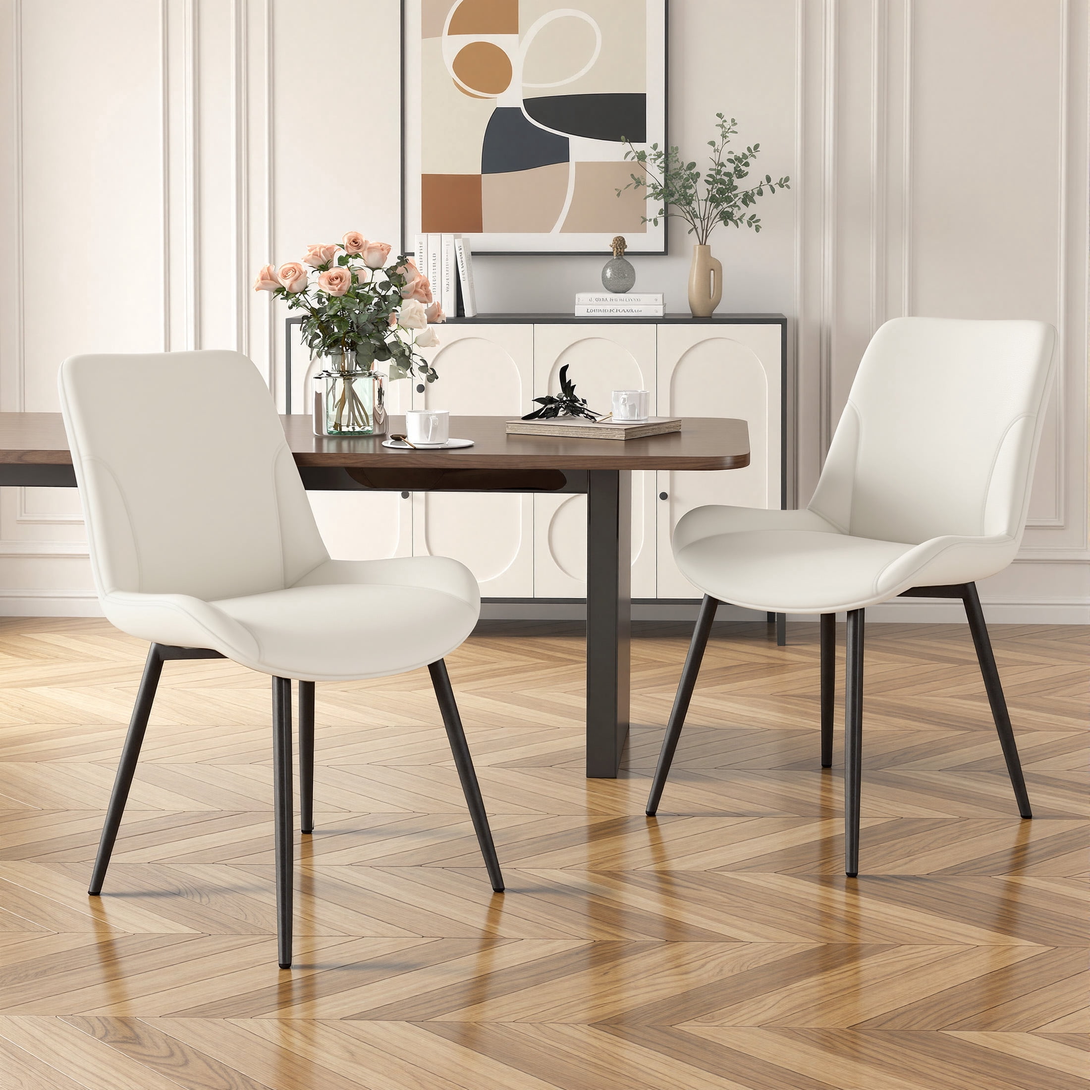 MOONMISS Dining Chair Set of 2,Upholstered with Ergonomic Backrest Metal Legs for Kitchen Office Reading,Beige
