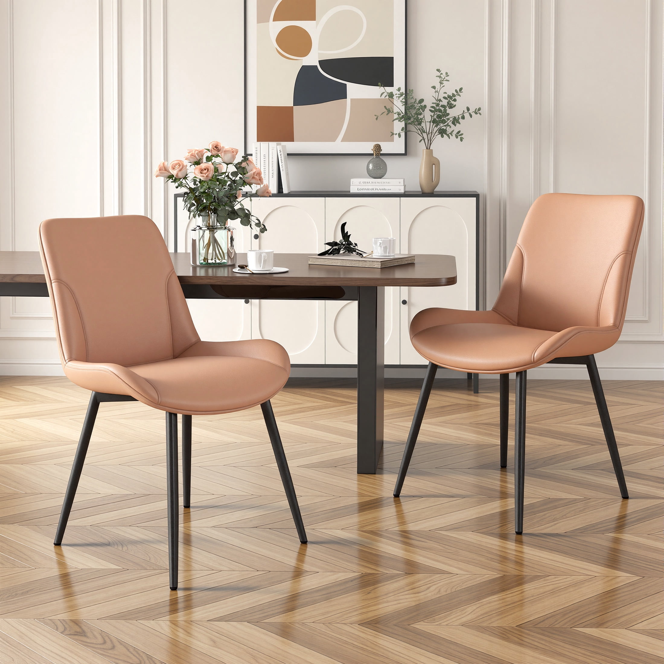 MOONMISS Dining Chair Set of 2,Upholstered with Ergonomic Backrest Metal Legs for Kitchen Office Reading,Brown