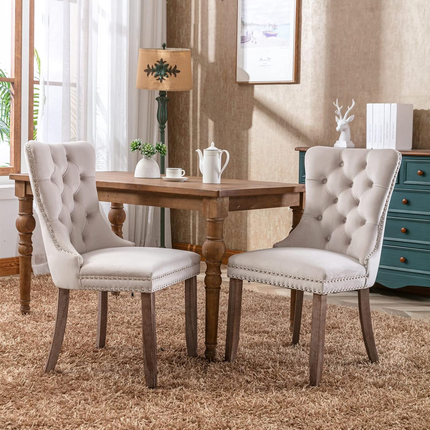 MOONMISS Dining Chairs 2-Pcs Set, High-end Velvet Upholstered Accent Chairs Button Tufted Dining Chairs with Back Ring Pull and Nailhead Trim,Beige