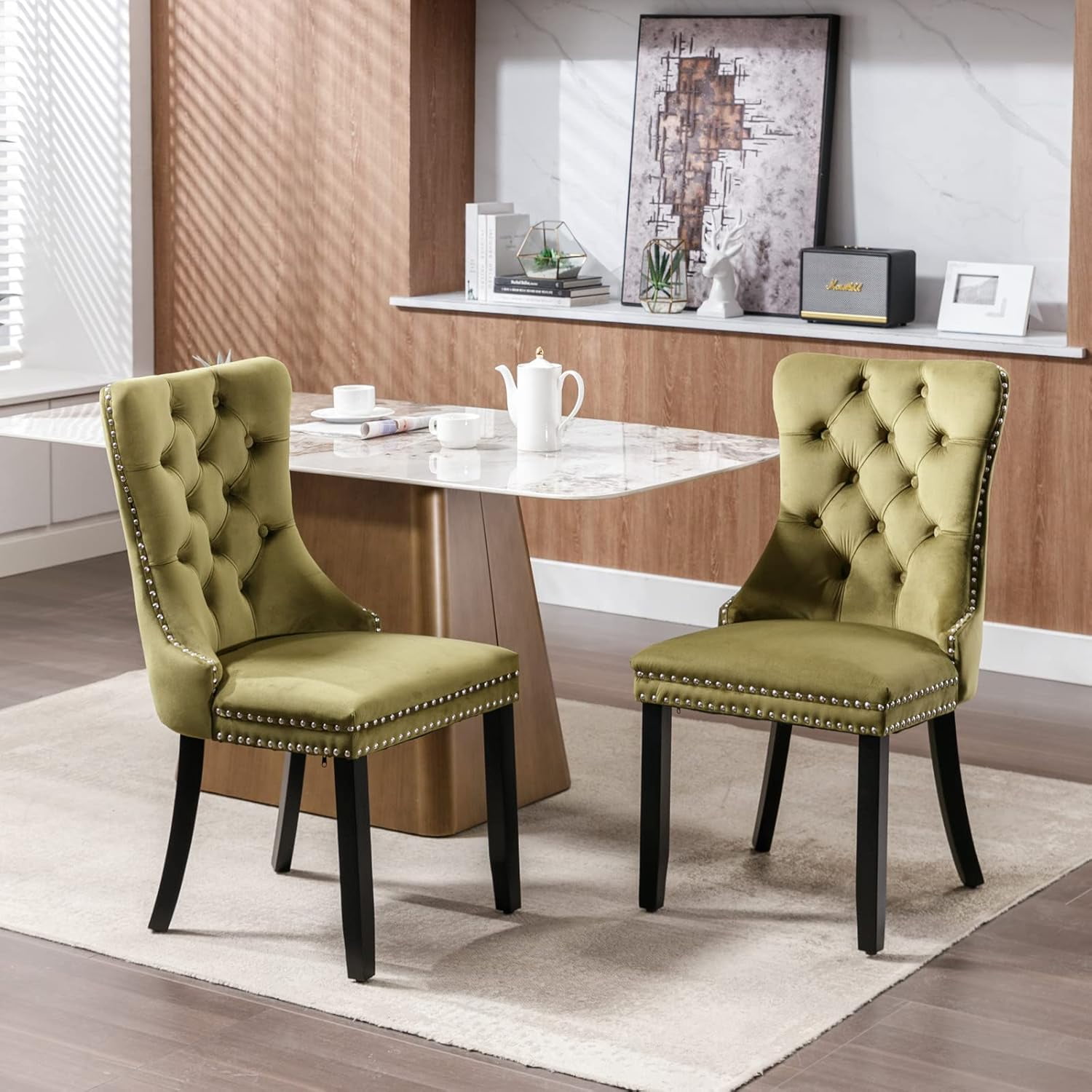 MOONMISS Dining Chairs 2-Pcs Set, High-end Velvet Upholstered Accent Chairs Button Tufted Dining Chairs with Back Ring Pull and Nailhead Trim,Olive