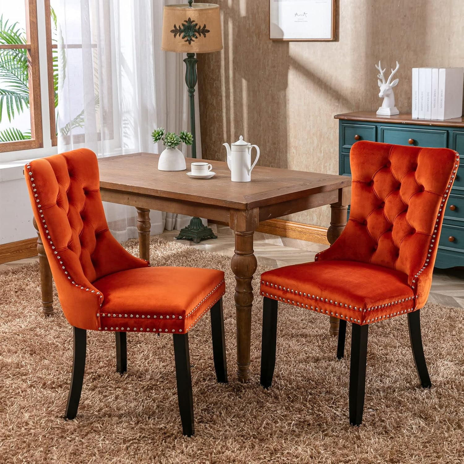 MOONMISS Dining Chairs 2-Pcs Set, High-end Velvet Upholstered Accent Chairs Button Tufted Dining Chairs with Back Ring Pull and Nailhead Trim,Orange