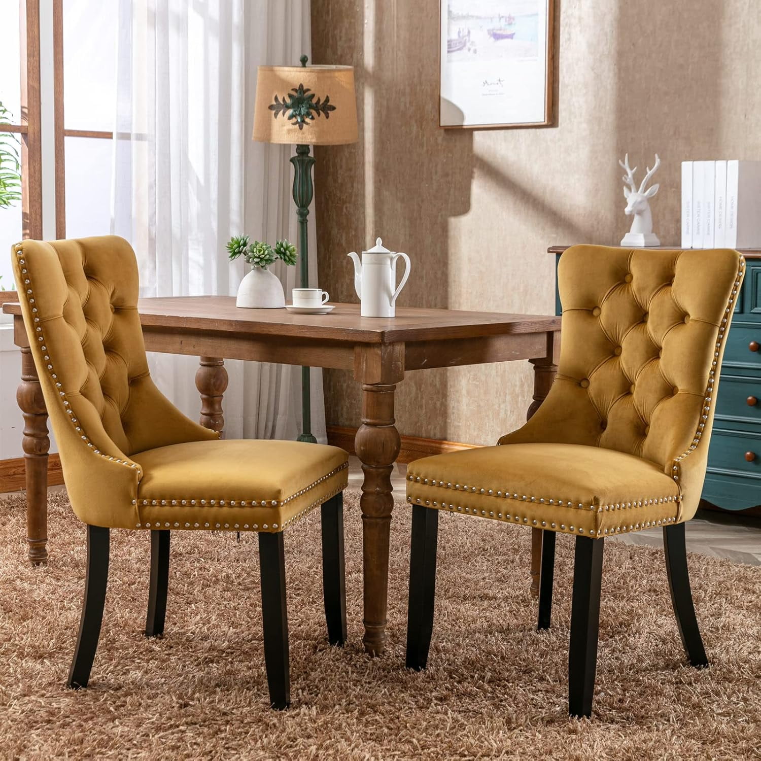 MOONMISS Dining Chairs 2-Pcs Set, High-end Velvet Upholstered Accent Chairs Button Tufted Dining Chairs with Back Ring Pull and Nailhead Trim,Yellow