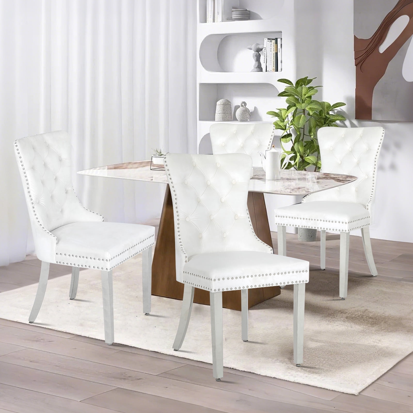 MOONMISS Black Velvet Dining Chairs Set of 4,Kitchen & Dining Room Chairs,Nailheads Tufted,Silver Chrome Metal Legs,White