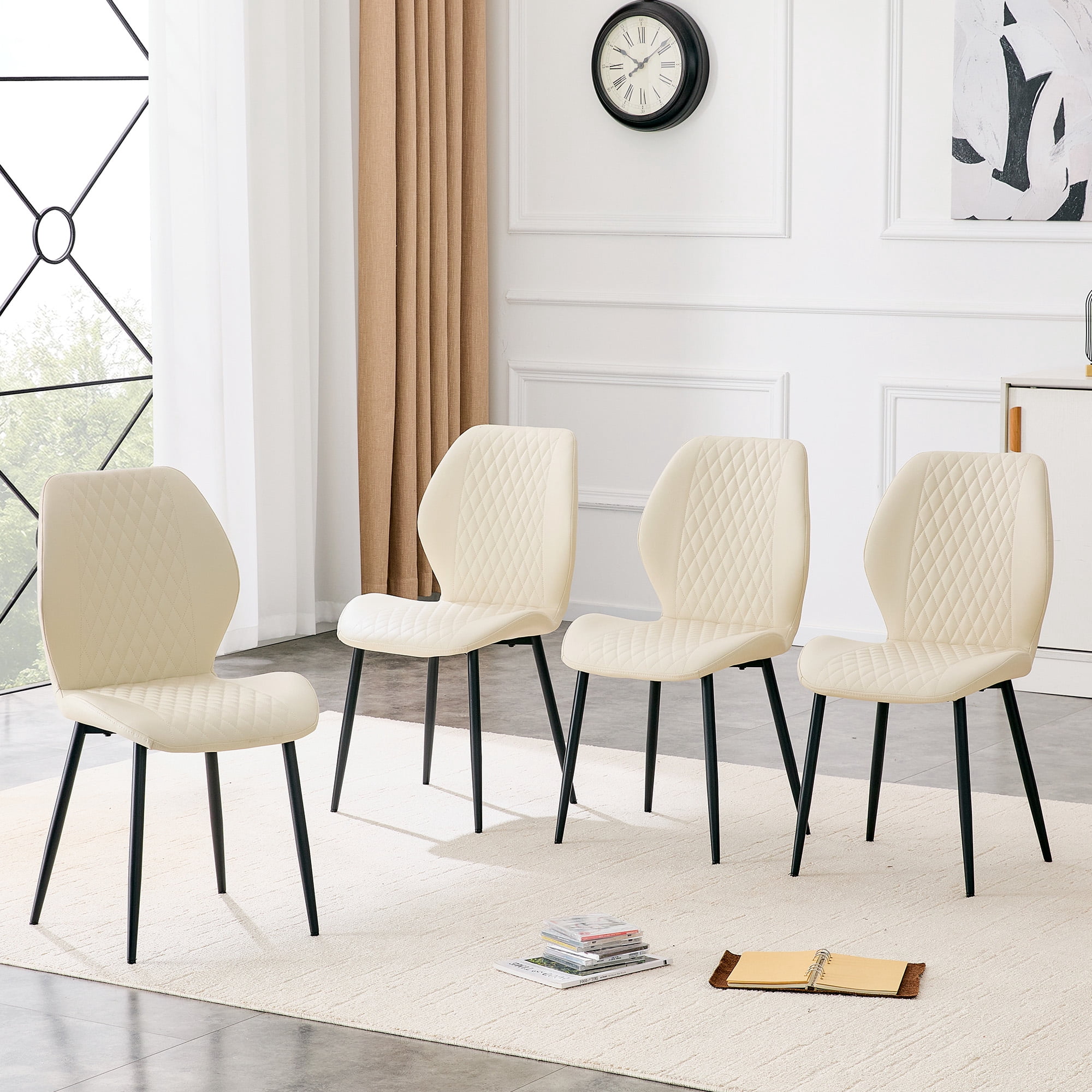 MOONMISS Dining Chairs Set of 4,Modern luxury Diamond-Quilted PU chairs with black metal legs for Dining Room Living Room,Beige
