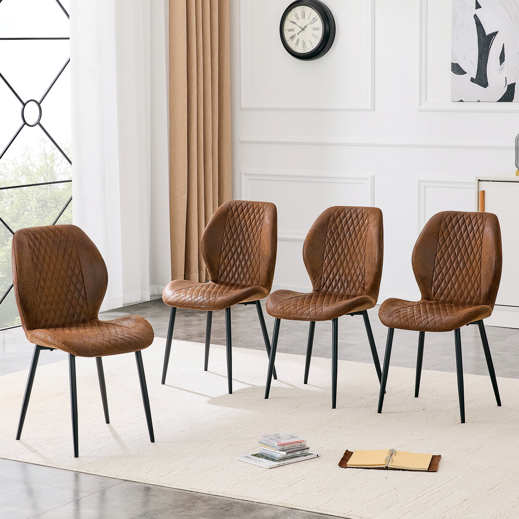 MOONMISS Dining Chairs Set of 4,Modern luxury Diamond-Quilted Technology Fabric chairs with black metal legs for Dining Room Living Room,Brown