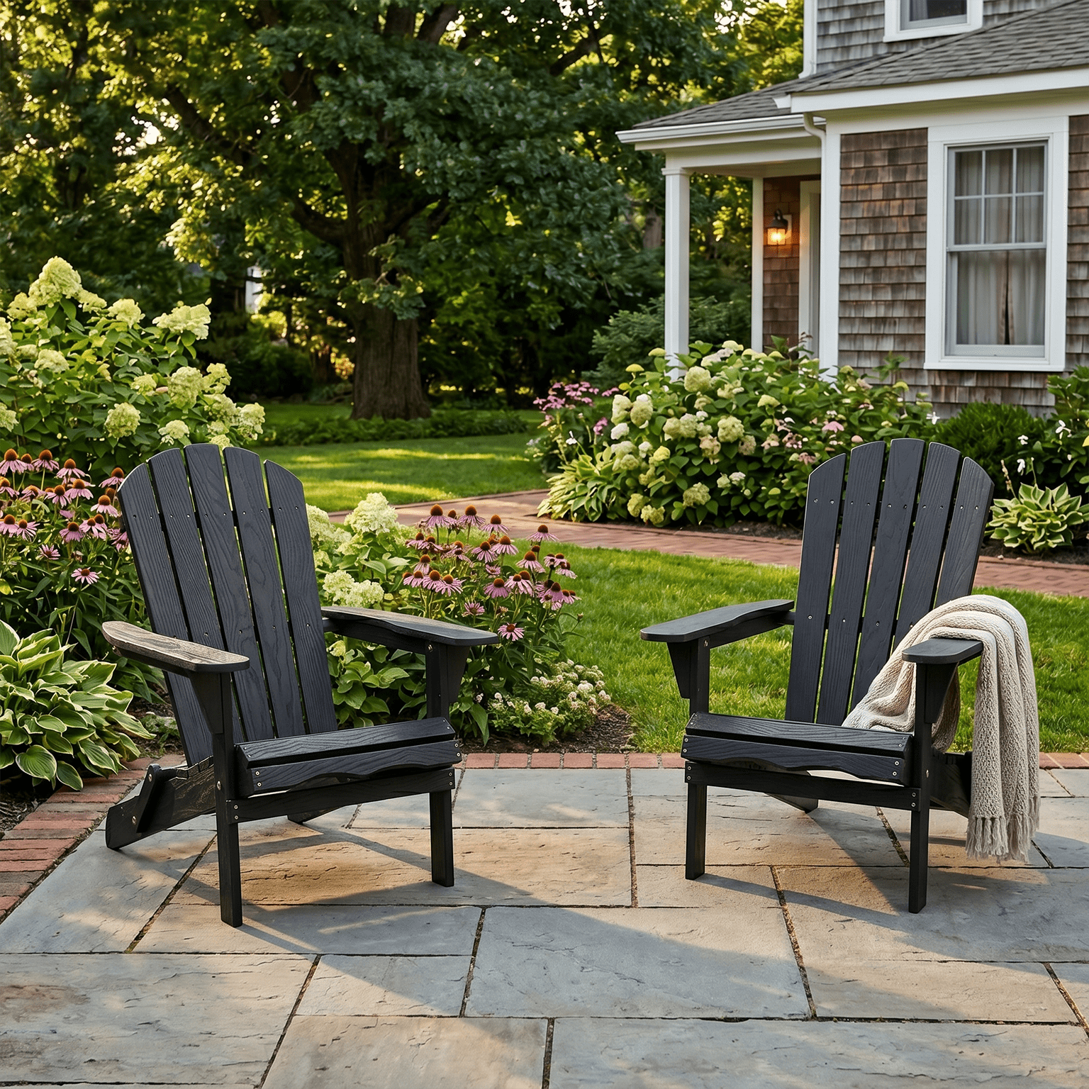 MOONMISS Folding Adirondack Chair Set of 2, All-Weather Outdoor Fir Pit Chairs for Patio Garden Backyard,Black