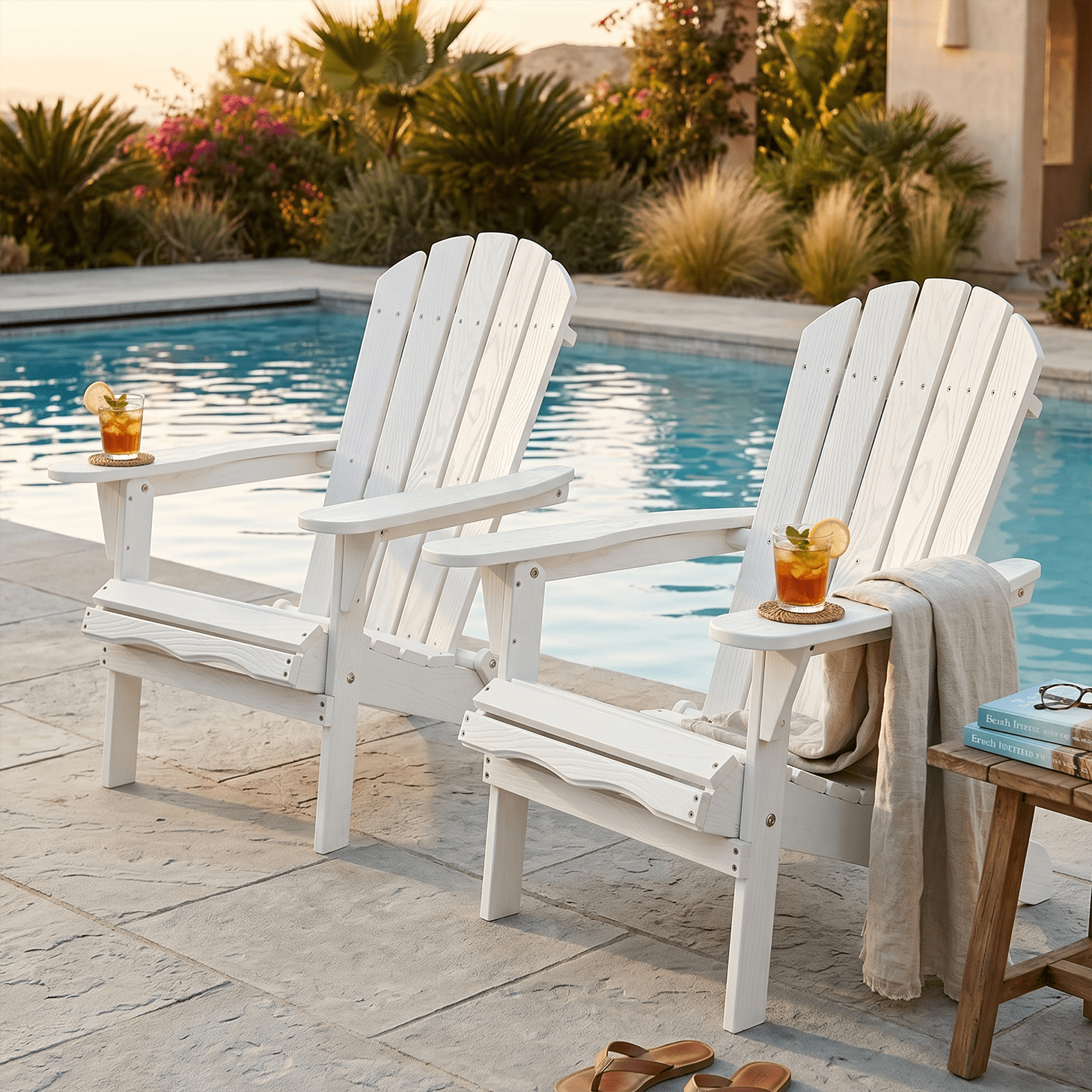 MOONMISS Folding Adirondack Chair Set of 2, All-Weather Outdoor Fir Pit Chairs for Patio Garden Backyard,White