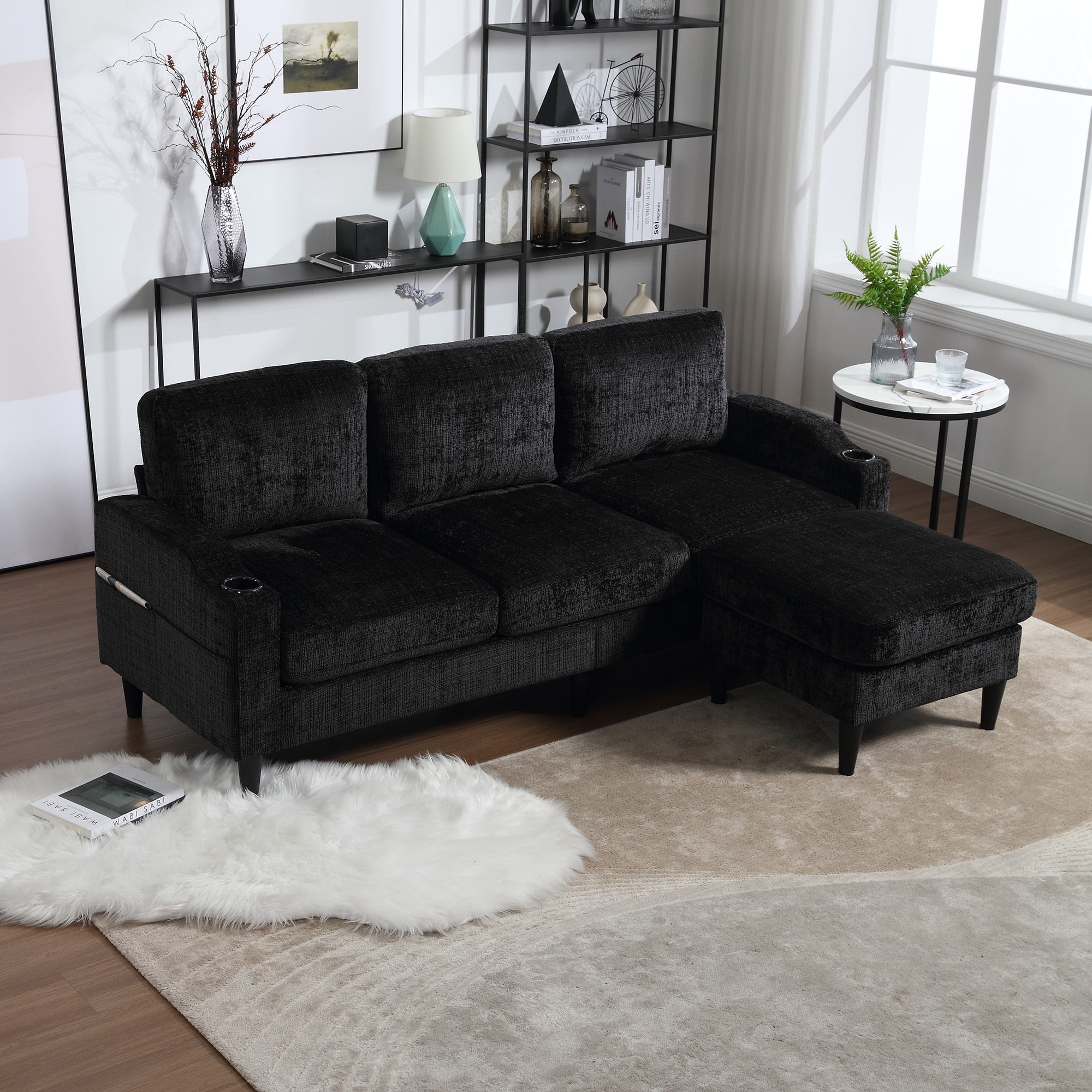 MOONMISS Chenille Upholstered L-Shaped Living Room Sofa with Storage Ottoman-Black